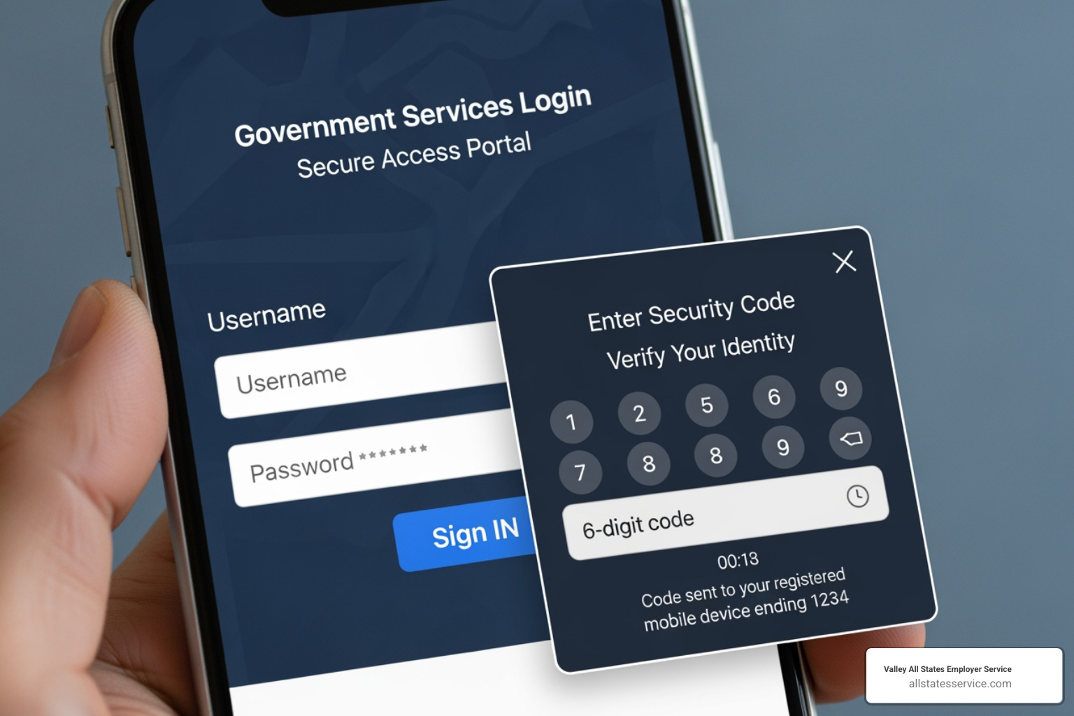 Login.gov multi-factor authentication prompt on a smartphone - E-Verify employer portal