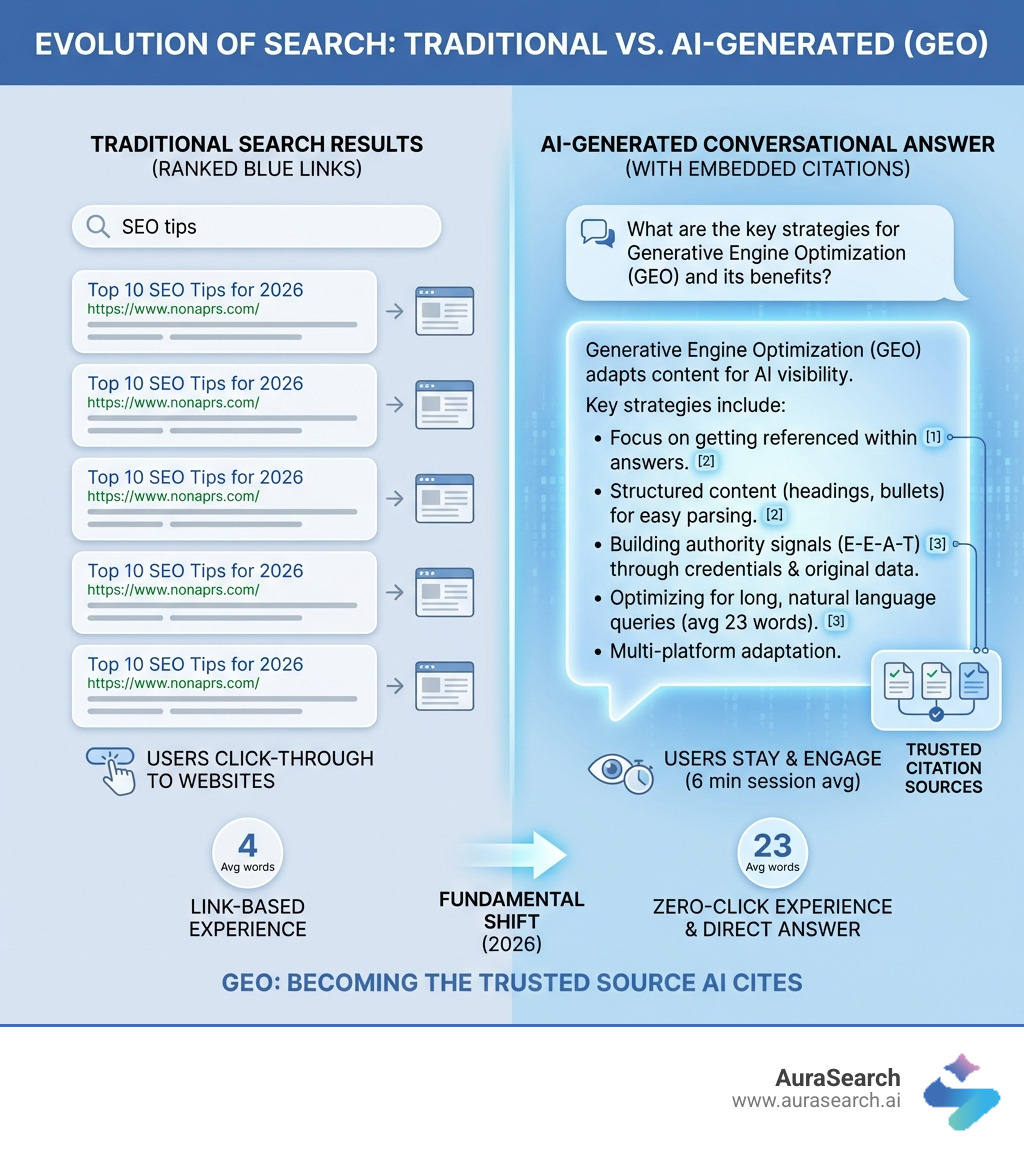 infographic comparing traditional search results page with ranked blue links on the left, versus an AI-generated conversational answer with embedded citations on the right, highlighting key differences in user experience and content presentation - Generative engine optimisation infographic 