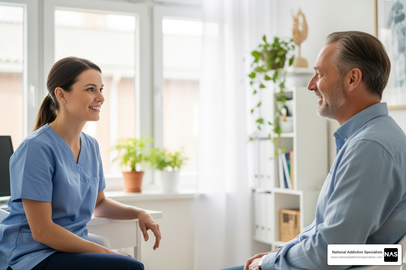 A compassionate healthcare provider talking with a patient in a calm office setting, both smiling. - Outpatient detox treatment