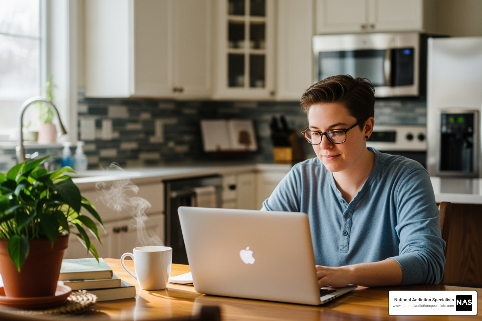 A person working on a laptop at a kitchen table, illustrating balancing recovery with daily life. - Outpatient detox treatment