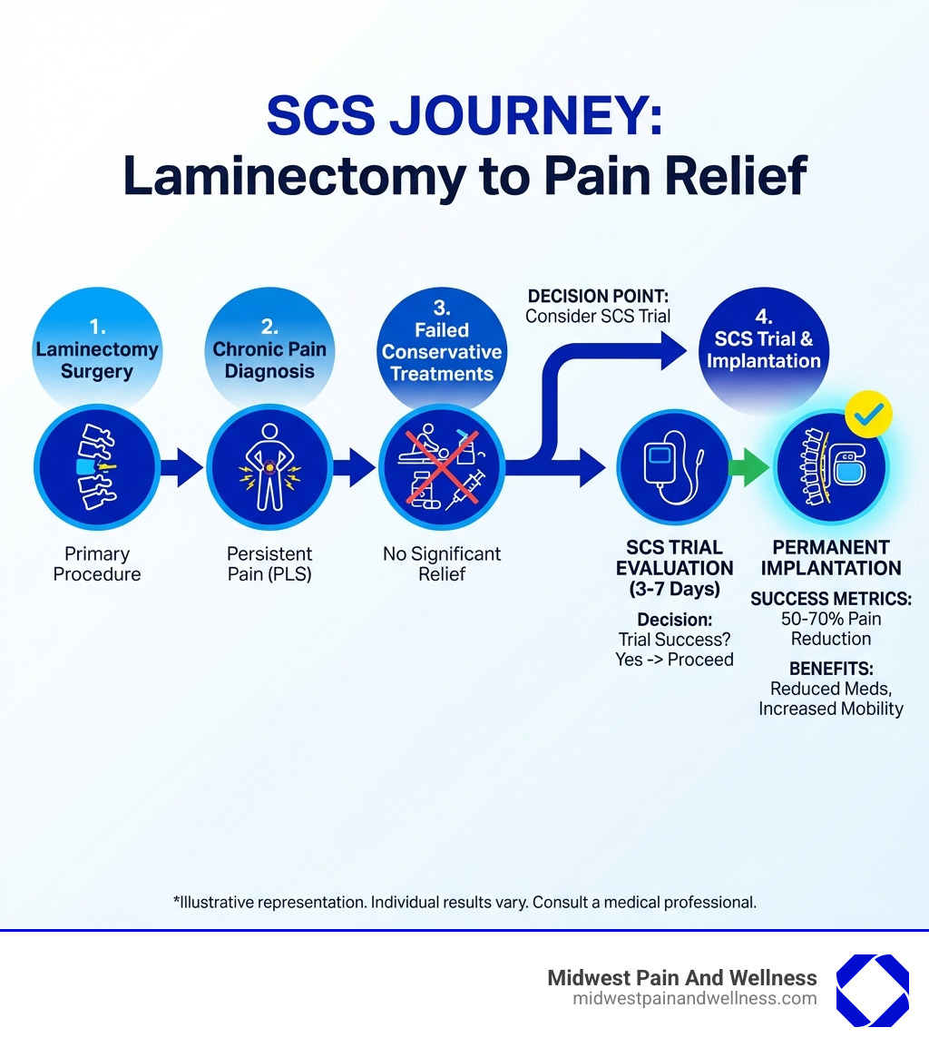infographic showing the journey from laminectomy surgery to chronic pain diagnosis, failed conservative treatments, SCS trial evaluation, and potential permanent implantation with key decision points and success metrics at each stage - spinal cord stimulator for post laminectomy pain chicago ridge infographic 