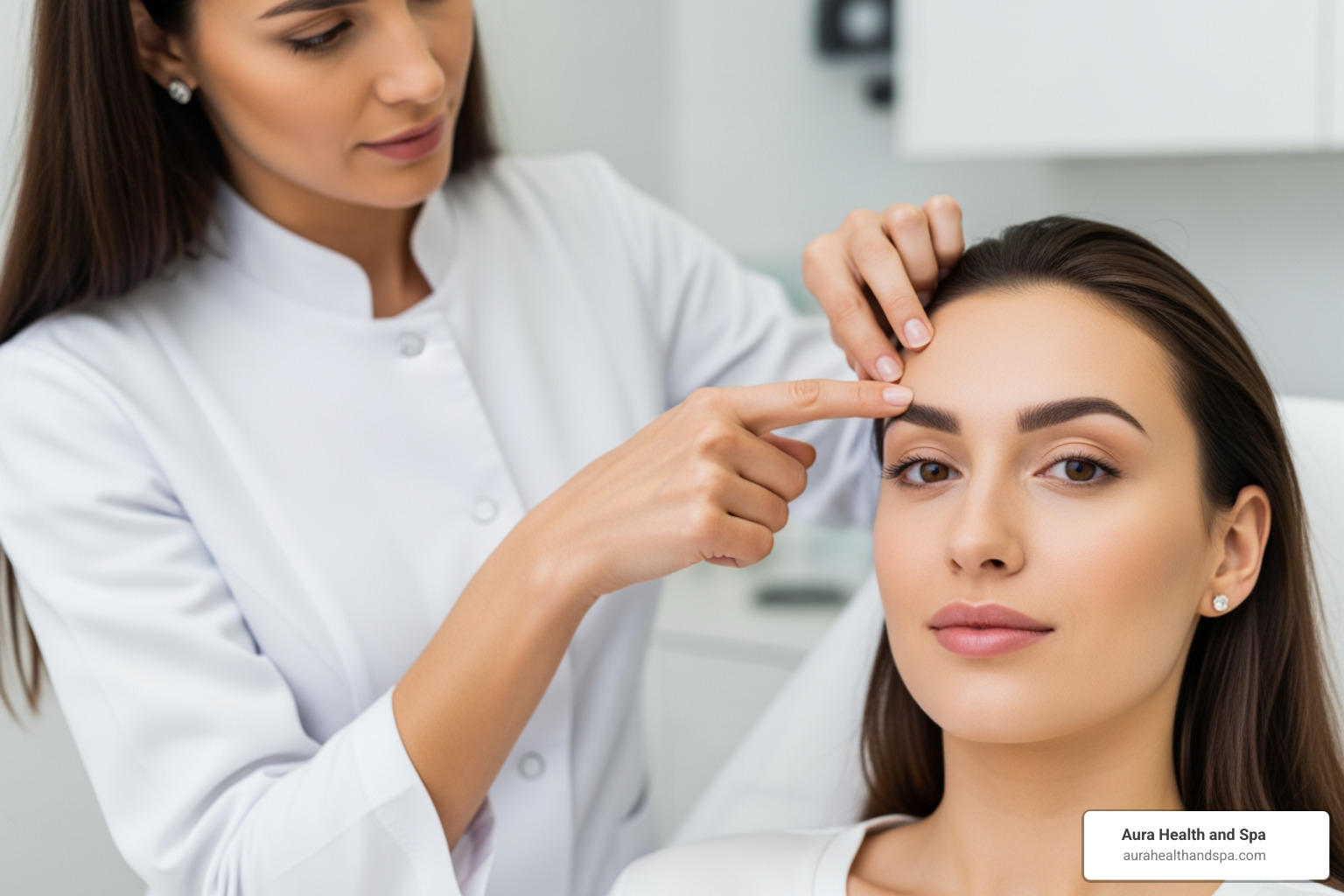Provider pointing to glabellar and frontalis muscles on client's face - Botox for chronic headaches