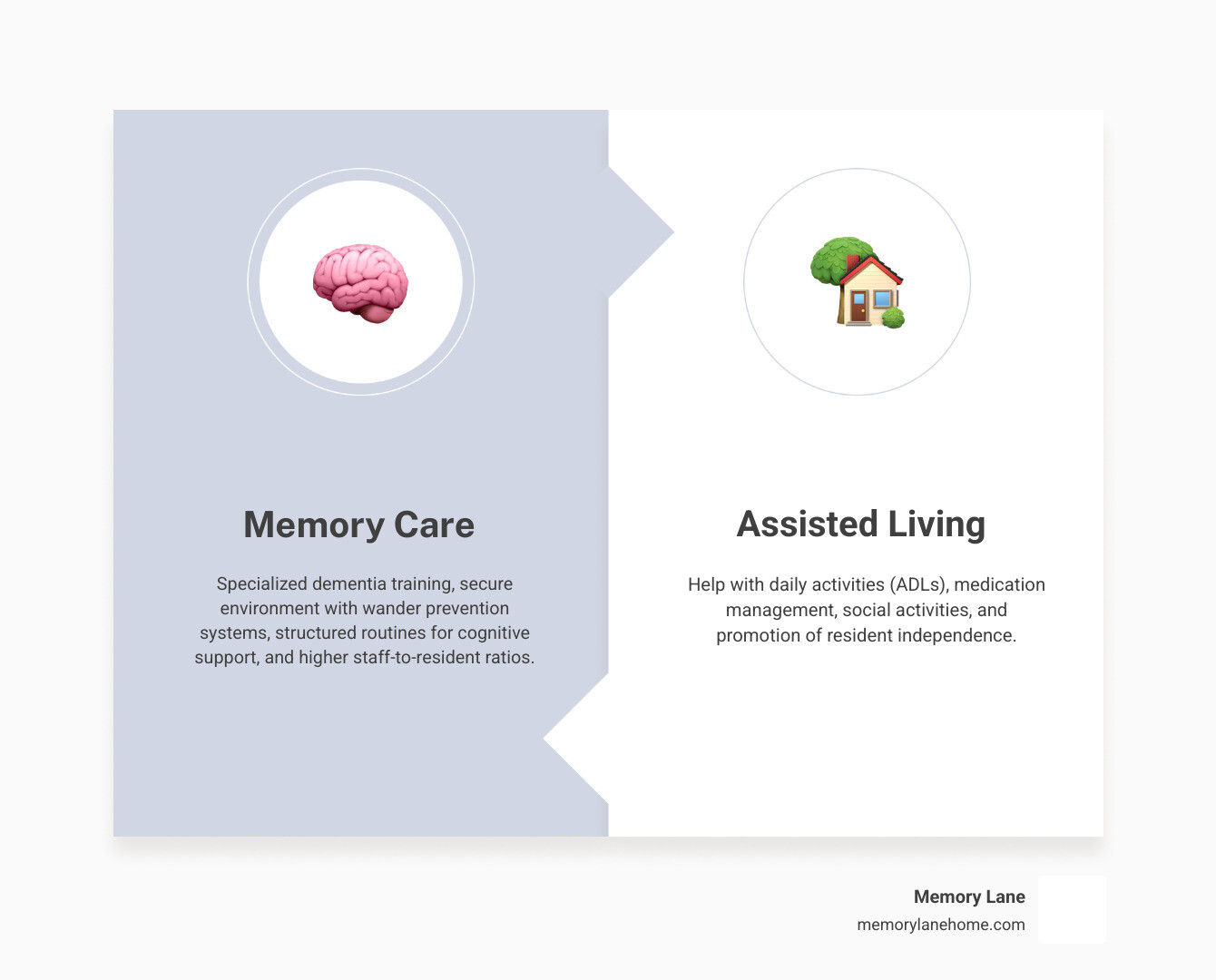 Infographic comparing assisted living and memory care showing key differences: Memory Care includes specialized dementia training, secure wandering prevention systems, structured daily routines for cognitive support, and higher staff-to-resident ratios; Assisted Living offers help with daily activities, medication management, social activities, and more independence - memory care in detroit infographic comparison-2-items-formal