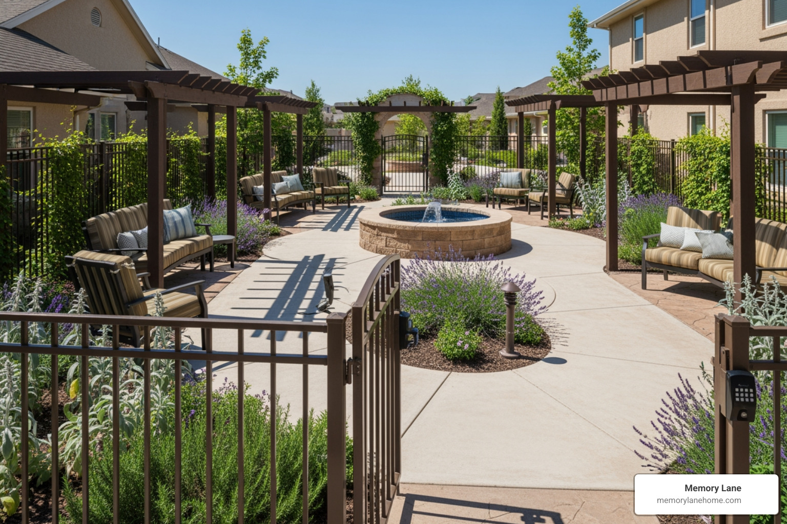 Secure and sunny outdoor courtyard designed for memory care residents - memory care in detroit
