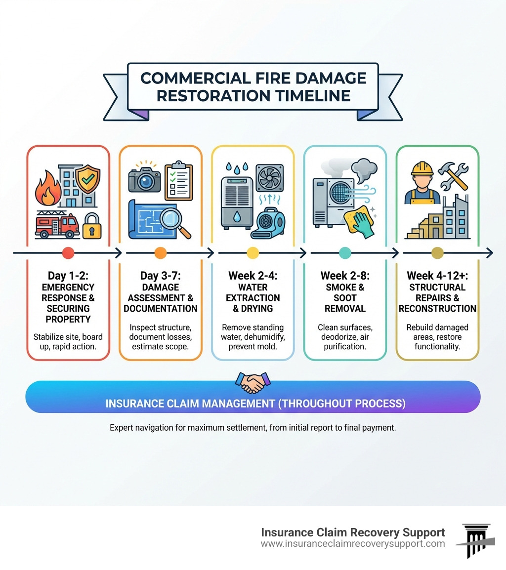 Infographic showing the commercial fire damage restoration timeline: Day 1-2 Emergency Response and Securing Property, Day 3-7 Damage Assessment and Documentation, Week 2-4 Water Extraction and Drying, Week 2-8 Smoke and Soot Removal, Week 4-12+ Structural Repairs and Reconstruction, Throughout Process Insurance Claim Management - austin commercial fire damage restoration infographic 