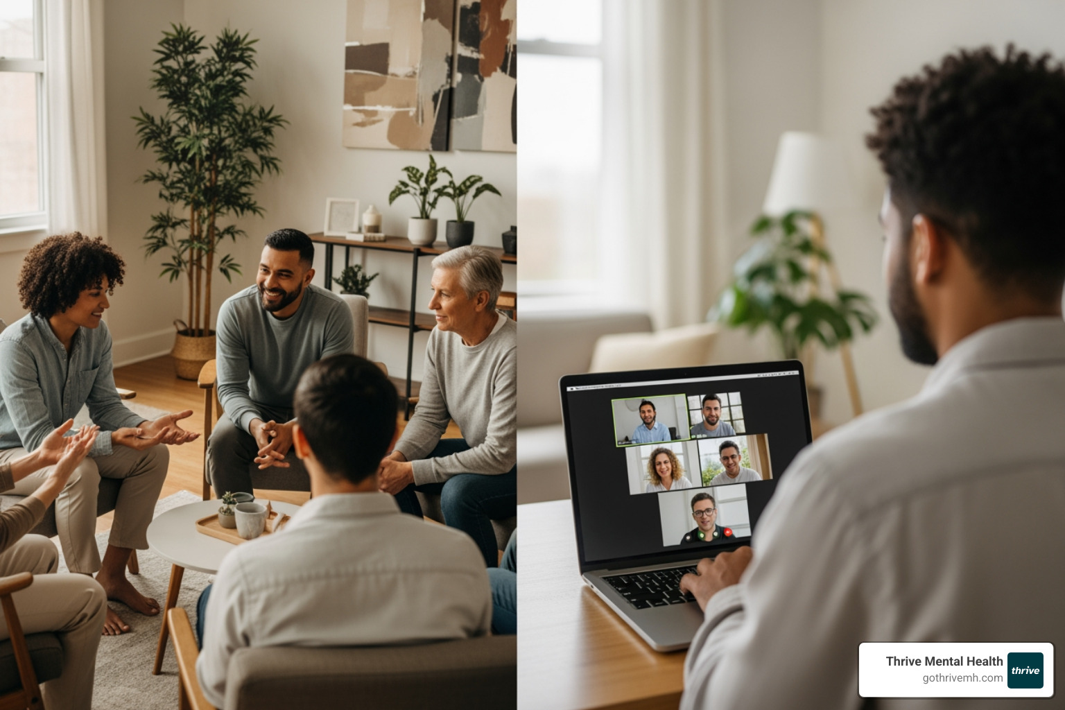 person in in-person group therapy and person in virtual group therapy side by side - telehealth intensive outpatient program
