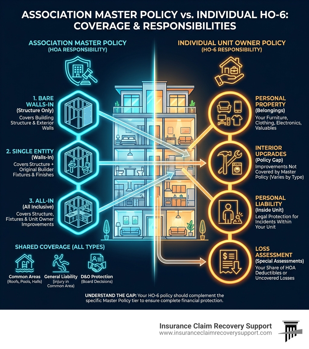 infographic comparing association master policy coverage types and individual HO-6 policy responsibilities - association master policy infographic infographic comparing association master policy coverage types and individual HO-6 policy responsibilities - association master policy infographic