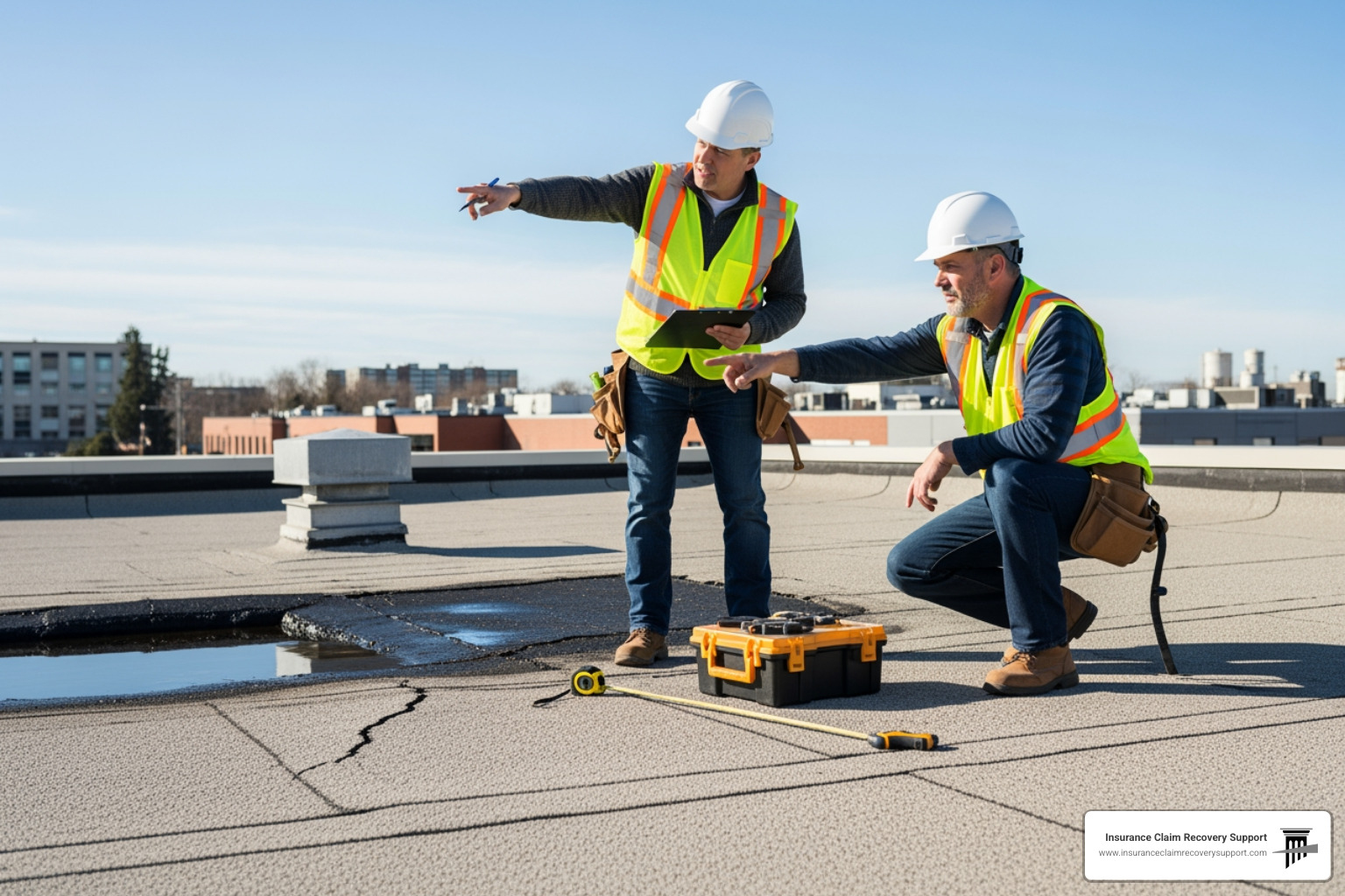 public adjuster and contractor inspecting flat commercial roof - Commercial roof insurance claim public adjuster and contractor inspecting flat commercial roof - Commercial roof insurance claim