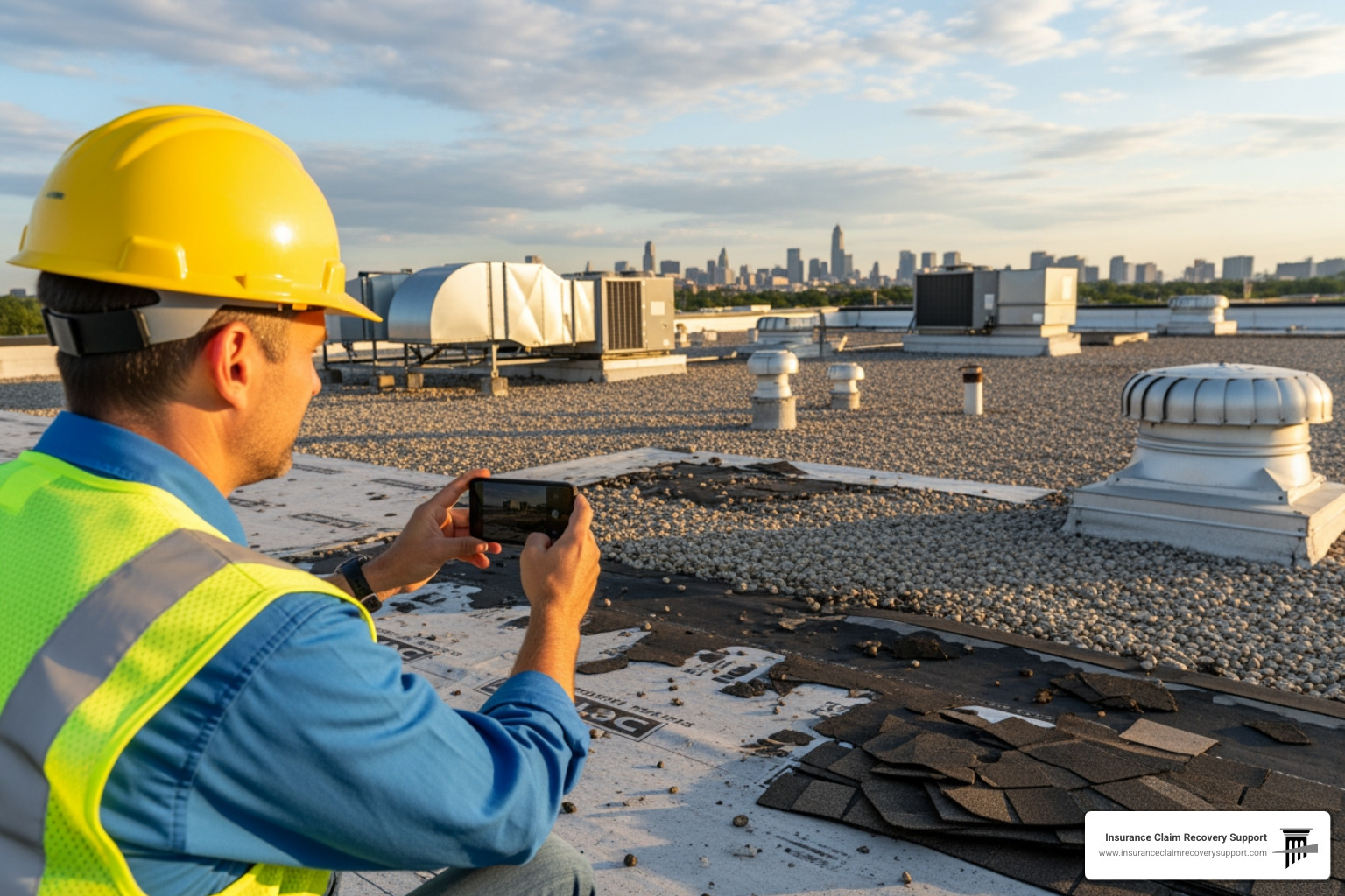 property manager taking photos of roof damage - Commercial roof insurance claim property manager taking photos of roof damage - Commercial roof insurance claim