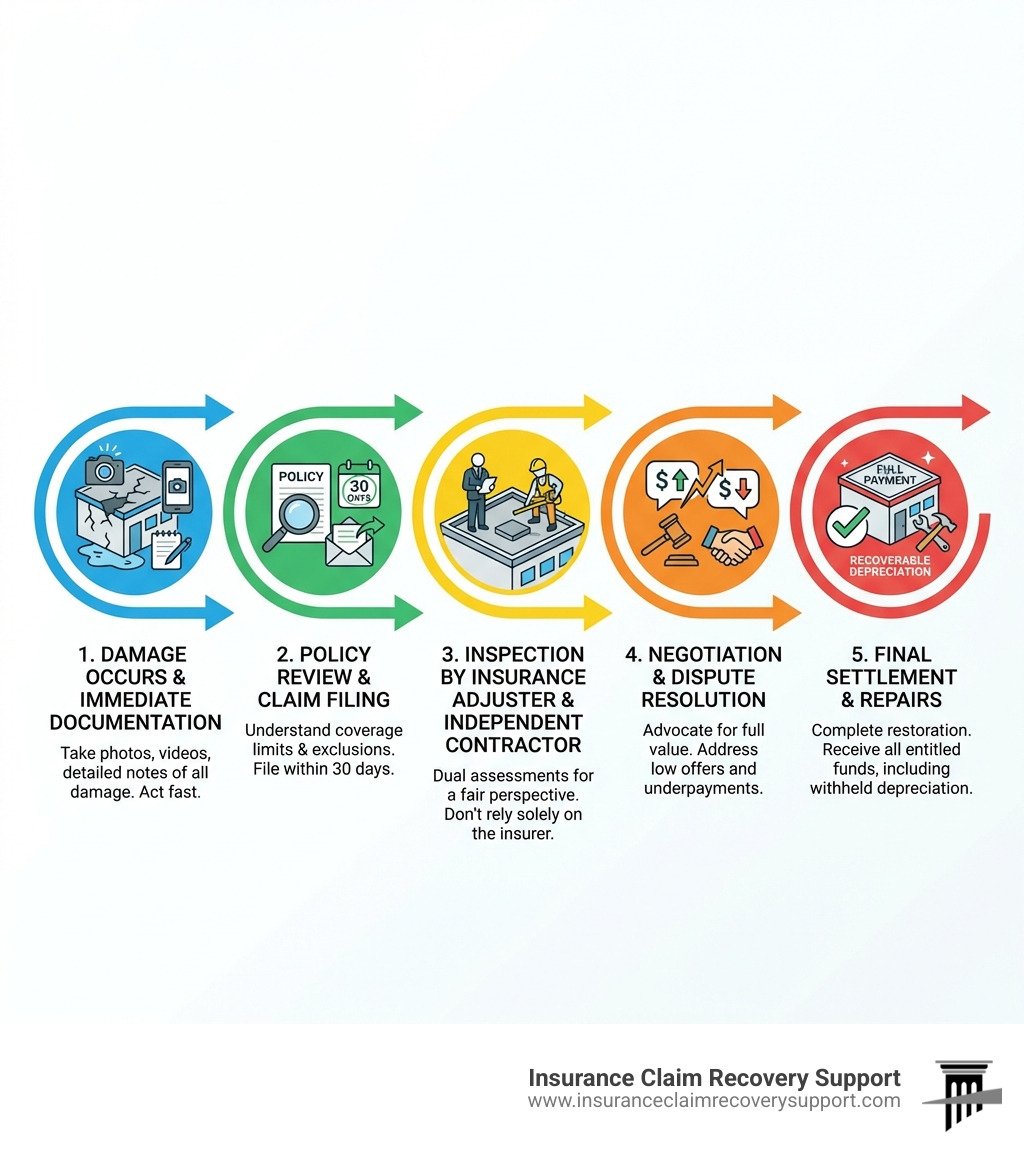 infographic showing the 5 stages of a commercial roof insurance claim: 1. Damage occurs and immediate documentation, 2. Policy review and claim filing within 30 days, 3. Inspection by insurance adjuster and independent contractor, 4. Negotiation and dispute resolution, 5. Final settlement and repairs with full payment including recoverable depreciation - Commercial roof insurance claim infographic infographic showing the 5 stages of a commercial roof insurance claim: 1. Damage occurs and immediate documentation, 2. Policy review and claim filing within 30 days, 3. Inspection by insurance adjuster and independent contractor, 4. Negotiation and dispute resolution, 5. Final settlement and repairs with full payment including recoverable depreciation - Commercial roof insurance claim infographic