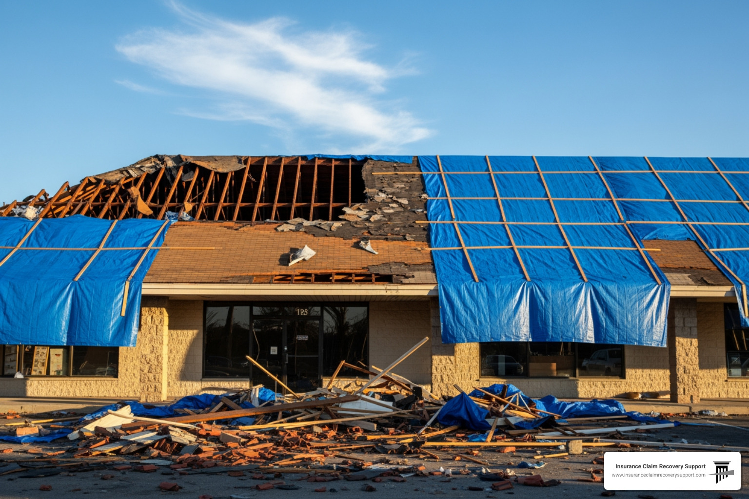 commercial building secured with tarps after a hurricane or fire - timeline for insurance claims commercial building secured with tarps after a hurricane or fire - timeline for insurance claims