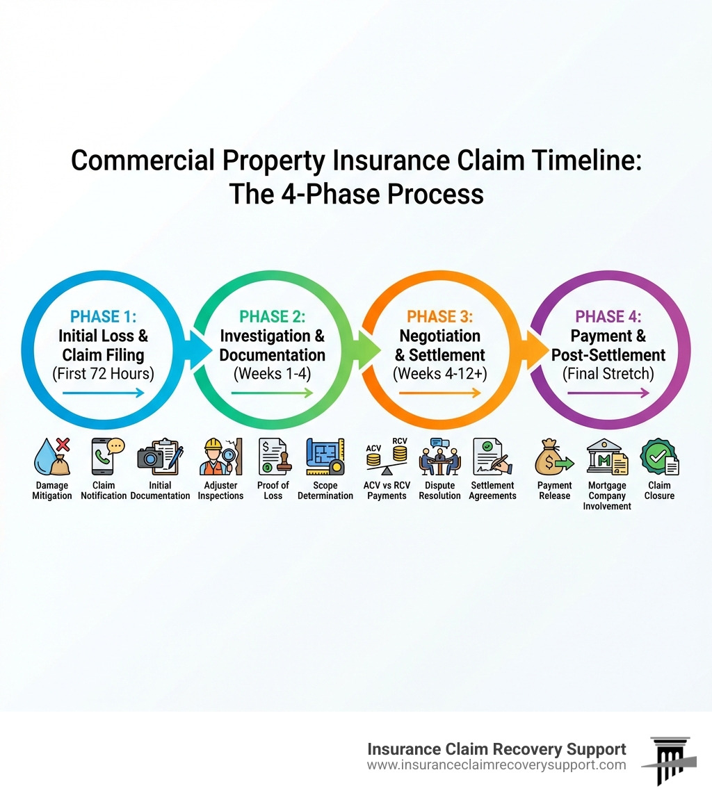Infographic showing the 4 phases of a commercial property insurance claim timeline: Phase 1 - Initial Loss & Claim Filing (First 72 Hours) including damage mitigation, claim notification, and initial documentation; Phase 2 - Investigation & Documentation (Weeks 1-4) with adjuster inspections, proof of loss, and scope determination; Phase 3 - Negotiation & Settlement (Weeks 4-12+) covering ACV vs RCV payments, dispute resolution, and settlement agreements; Phase 4 - Payment & Post-Settlement (Final Stretch) showing payment release, mortgage company involvement, and claim closure - timeline for insurance claims infographic Infographic showing the 4 phases of a commercial property insurance claim timeline: Phase 1 - Initial Loss & Claim Filing (First 72 Hours) including damage mitigation, claim notification, and initial documentation; Phase 2 - Investigation & Documentation (Weeks 1-4) with adjuster inspections, proof of loss, and scope determination; Phase 3 - Negotiation & Settlement (Weeks 4-12+) covering ACV vs RCV payments, dispute resolution, and settlement agreements; Phase 4 - Payment & Post-Settlement (Final Stretch) showing payment release, mortgage company involvement, and claim closure - timeline for insurance claims infographic
