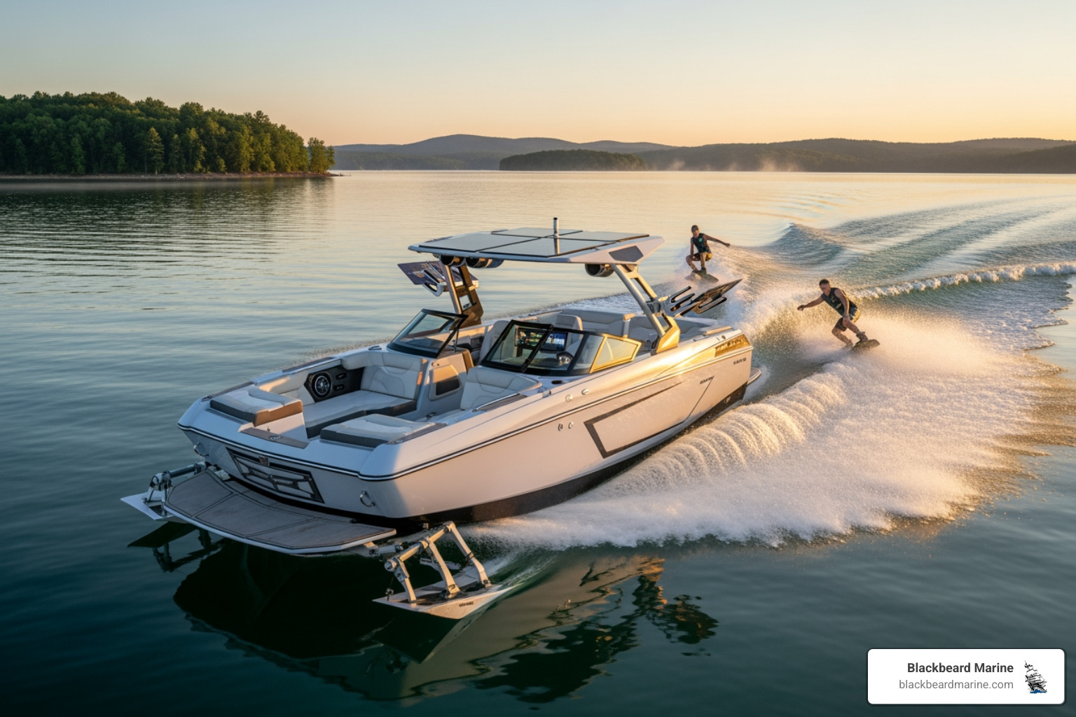 An open engine compartment of a Lowe pontoon boat, showcasing a clean, modern hybrid drive system with visible battery packs and electric motor components alongside a traditional outboard engine. - hybrid wakeboard boat