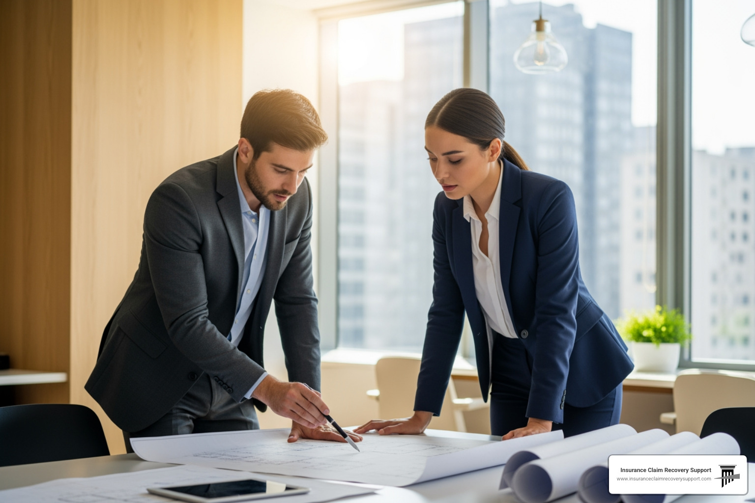 Two professionals reviewing building blueprints - Insurance Claim Legislation Texas