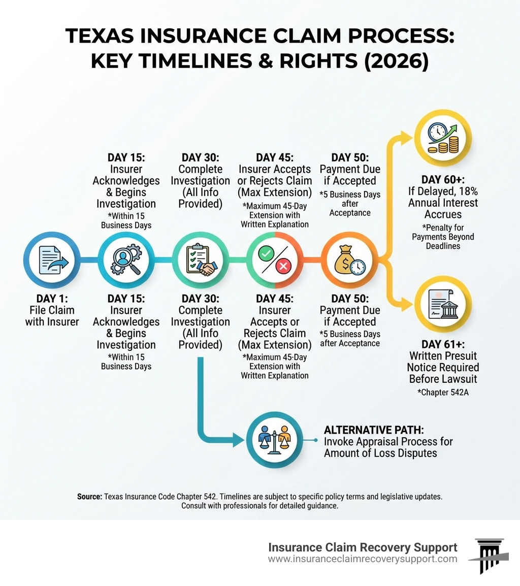 Infographic showing Texas insurance claim process timeline: Day 1 - File claim with insurer, Day 15 - Insurer acknowledges and begins investigation, Day 30 - Complete investigation with all information provided, Day 45 - Insurer accepts or rejects claim (maximum extension), Day 50 - Payment due if accepted (5 business days after acceptance), Day 60+ - If delayed, 18% annual interest accrues, Day 61+ - Written presuit notice required before lawsuit, Alternative Path - Invoke appraisal process for amount of loss disputes - Insurance Claim Legislation Texas infographic 