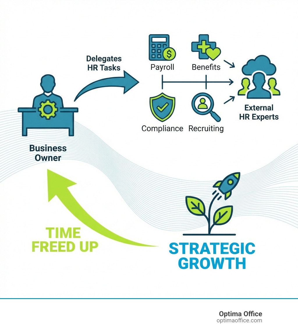 infographic showing outsourced HR concept: business owner delegating HR tasks like payroll, benefits, compliance, and recruiting to external HR experts, with arrows showing time freed up for strategic growth - outsourced hr infographic infographic showing outsourced HR concept: business owner delegating HR tasks like payroll, benefits, compliance, and recruiting to external HR experts, with arrows showing time freed up for strategic growth - outsourced hr infographic
