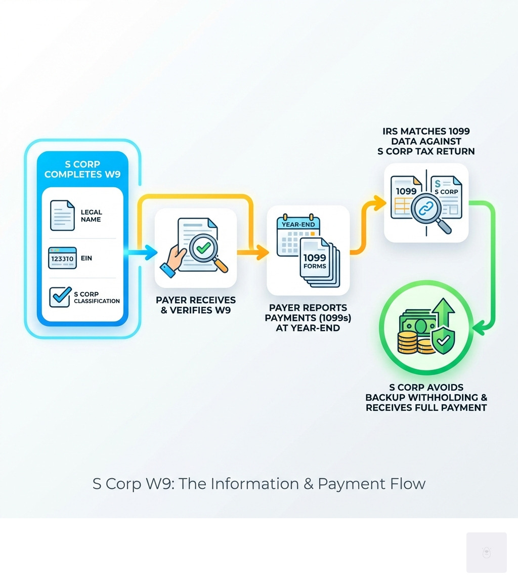 رسم بياني يوضح تدفق معلومات نموذج W9: تقوم شركة S بإكمال نموذج W9 بالاسم القانوني، ورقم تعريف صاحب العمل (EIN)، وتصنيف شركة S ← يتلقى الدافع نموذج W9 ويتحقق من المعلومات ← يُبلغ الدافع عن المدفوعات في نماذج 1099 في نهاية العام ← تُطابق مصلحة الضرائب الأمريكية بيانات 1099 مع الإقرار الضريبي لشركة S ← تتجنب شركة S الحجز الاحتياطي وتتلقى كامل المبلغ - رسم بياني لنموذج W9 لشركة S 
