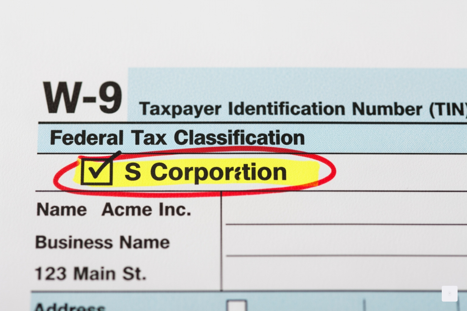 نموذج W-9 المميز الذي يظهر خانة شركة S - W9 لشركة S