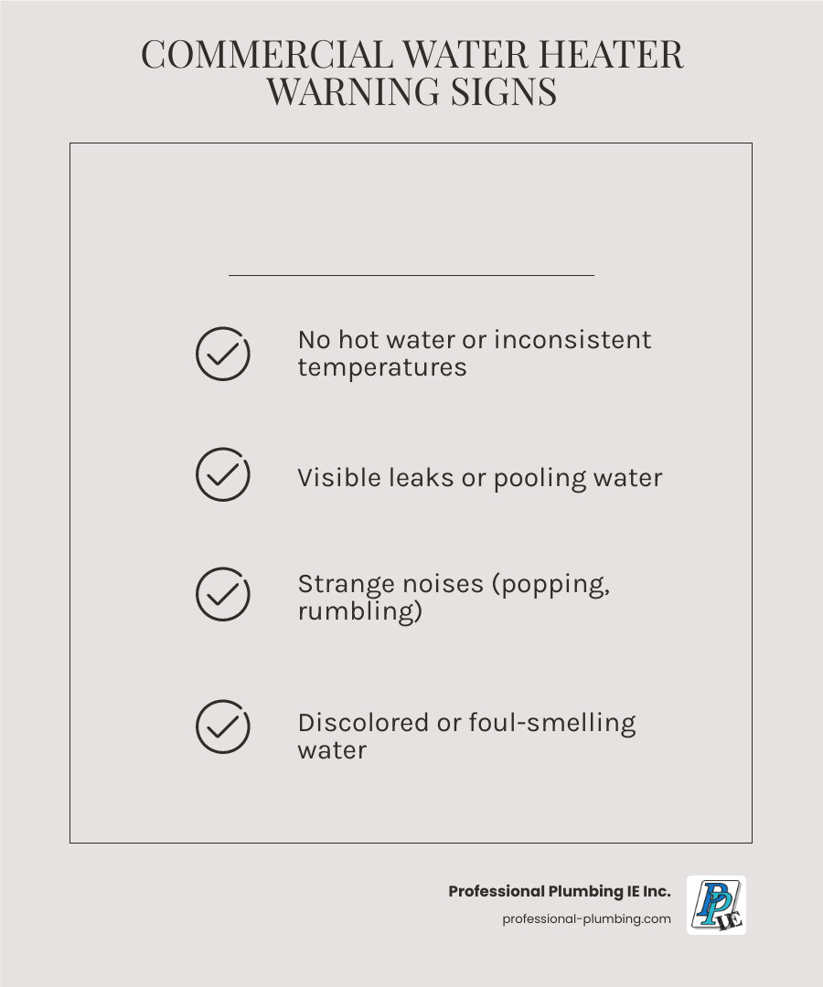 infographic showing five warning signs of commercial water heater failure: 1) no hot water with thermometer icon showing cold, 2) leaking water with droplet icon and puddle, 3) strange noises with sound wave icon, 4) discolored water with rusty water glass, 5) high energy bills with dollar sign trending upward. Each sign includes brief description and recommended action to call professional service - Commercial hot water repair infographic checklist-light-beige infographic showing five warning signs of commercial water heater failure: 1) no hot water with thermometer icon showing cold, 2) leaking water with droplet icon and puddle, 3) strange noises with sound wave icon, 4) discolored water with rusty water glass, 5) high energy bills with dollar sign trending upward. Each sign includes brief description and recommended action to call professional service - Commercial hot water repair infographic checklist-light-beige