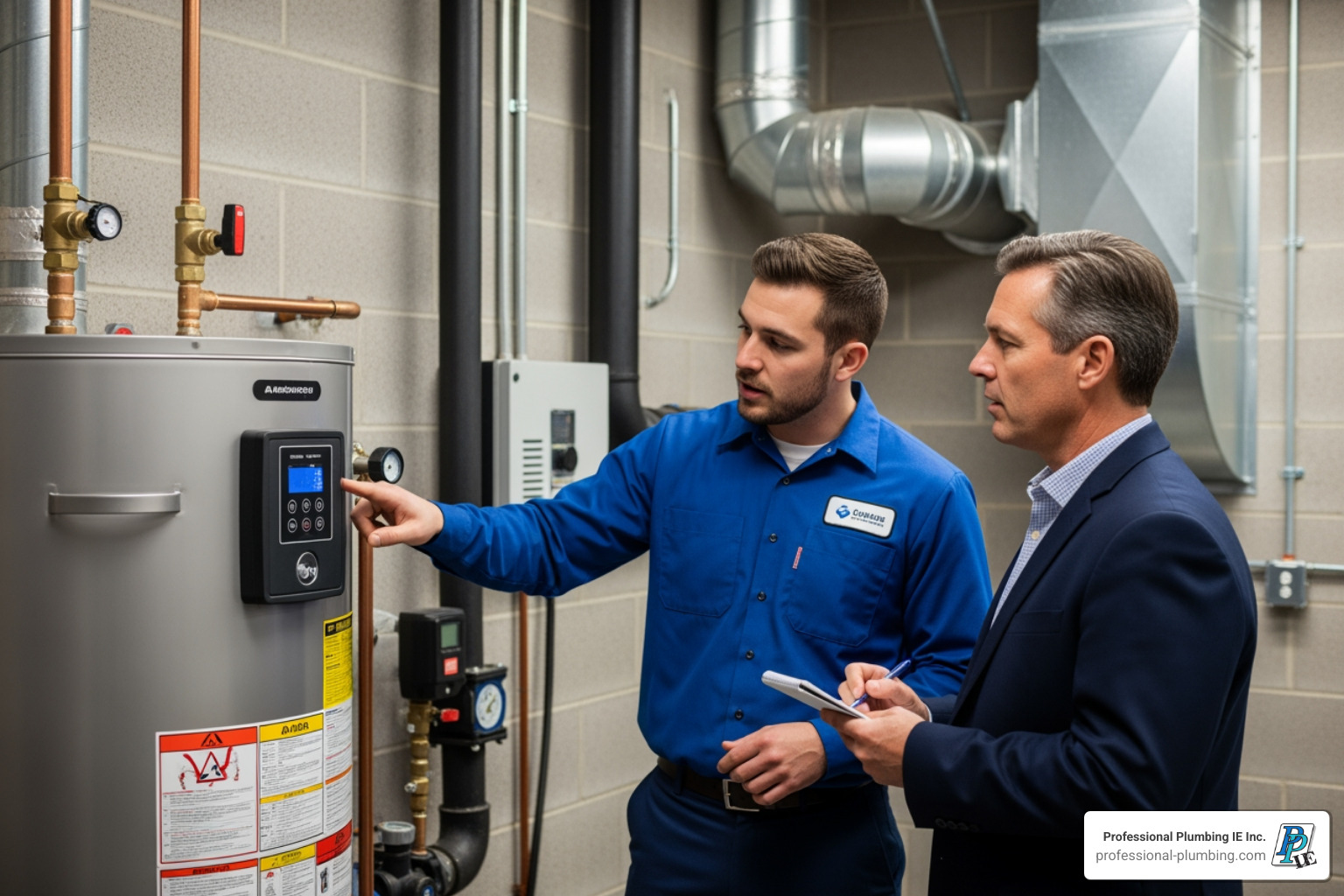 technician explaining new water heater to business owner - Commercial hot water repair technician explaining new water heater to business owner - Commercial hot water repair