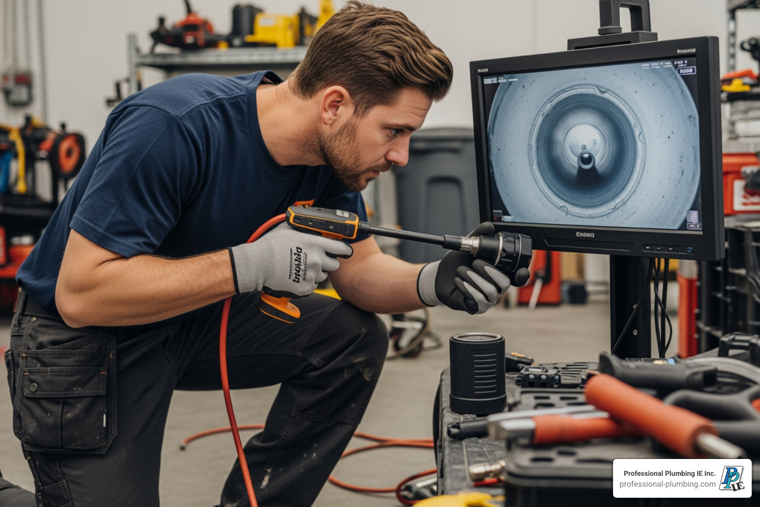 plumber using a video camera for a drain inspection - commercial plumber riverside plumber using a video camera for a drain inspection - commercial plumber riverside