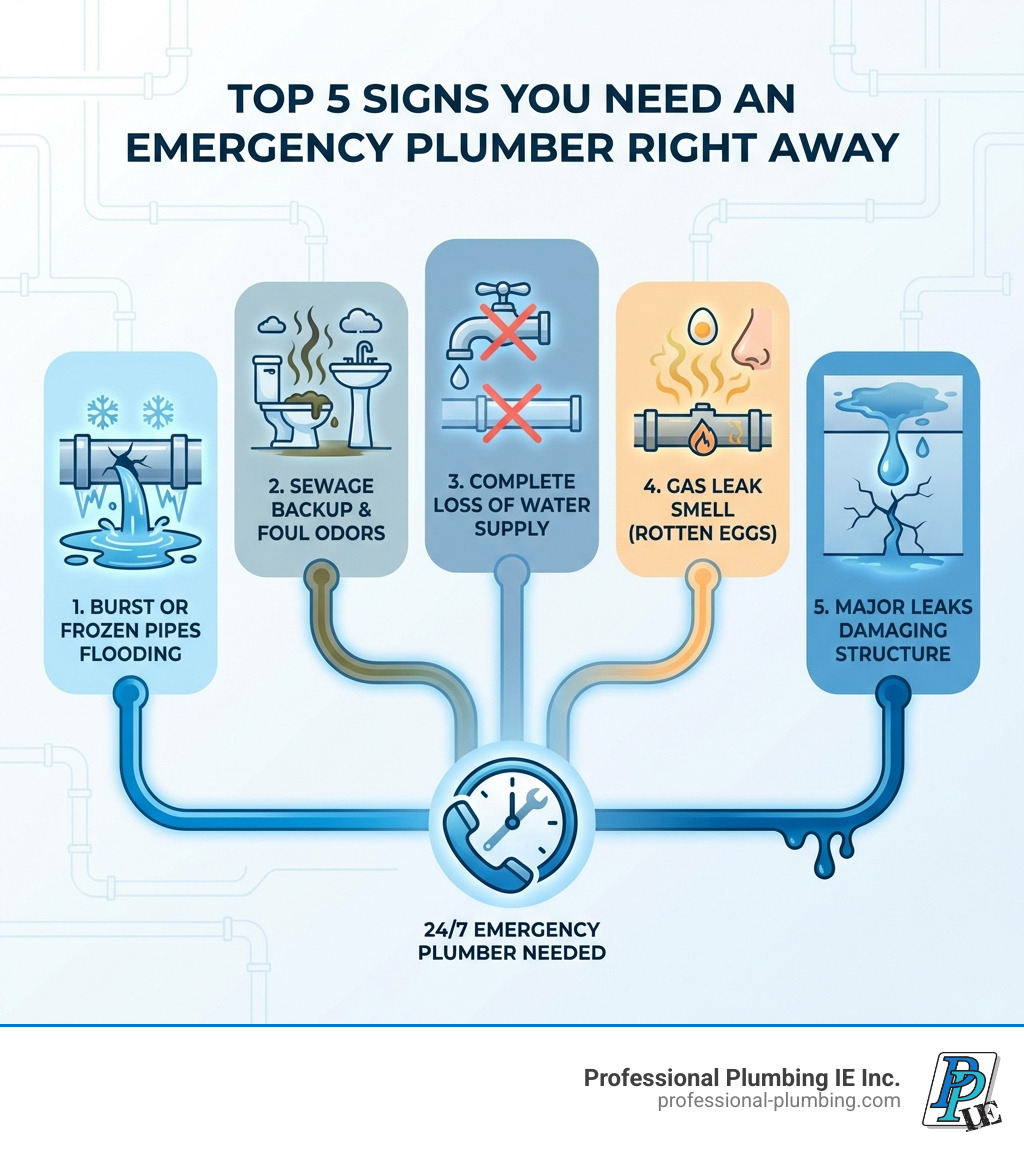 Infographic showing the top 5 signs you need an emergency plumber right away: 1. Burst or frozen pipes causing flooding 2. Sewage backup with foul odors 3. Complete loss of water supply 4. Gas leak smell (rotten eggs) 5. Major leaks damaging ceilings, walls, or floors - 24 hour plumber near me infographic Infographic showing the top 5 signs you need an emergency plumber right away: 1. Burst or frozen pipes causing flooding 2. Sewage backup with foul odors 3. Complete loss of water supply 4. Gas leak smell (rotten eggs) 5. Major leaks damaging ceilings, walls, or floors - 24 hour plumber near me infographic