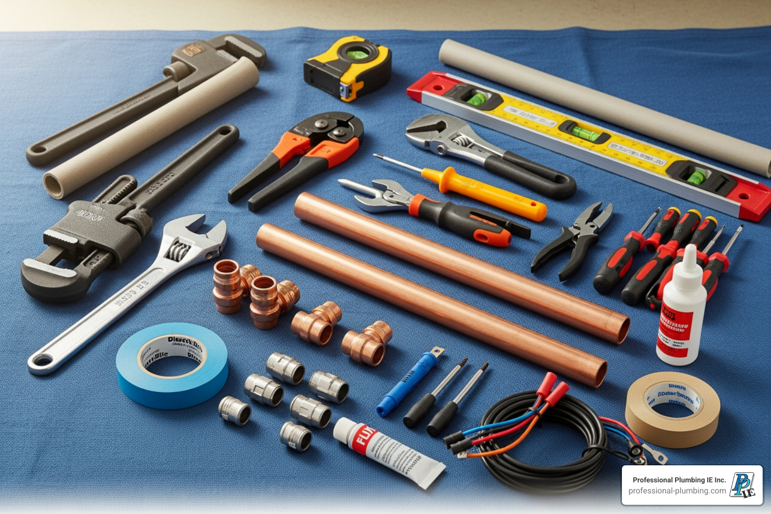 Tools and materials laid out neatly on a drop cloth - electric water heater install Tools and materials laid out neatly on a drop cloth - electric water heater install