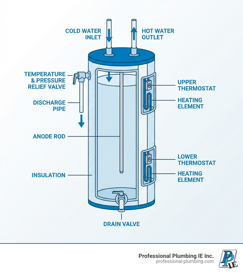 Infographic showing the anatomy of an electric water heater with labeled parts: cold water inlet at top, hot water outlet at top, upper thermostat and heating element on the side, lower thermostat and heating element lower on the side, anode rod inside the tank, temperature and pressure relief valve with discharge pipe, drain valve at the bottom, and insulation surrounding the tank - electric water heater install infographic Infographic showing the anatomy of an electric water heater with labeled parts: cold water inlet at top, hot water outlet at top, upper thermostat and heating element on the side, lower thermostat and heating element lower on the side, anode rod inside the tank, temperature and pressure relief valve with discharge pipe, drain valve at the bottom, and insulation surrounding the tank - electric water heater install infographic