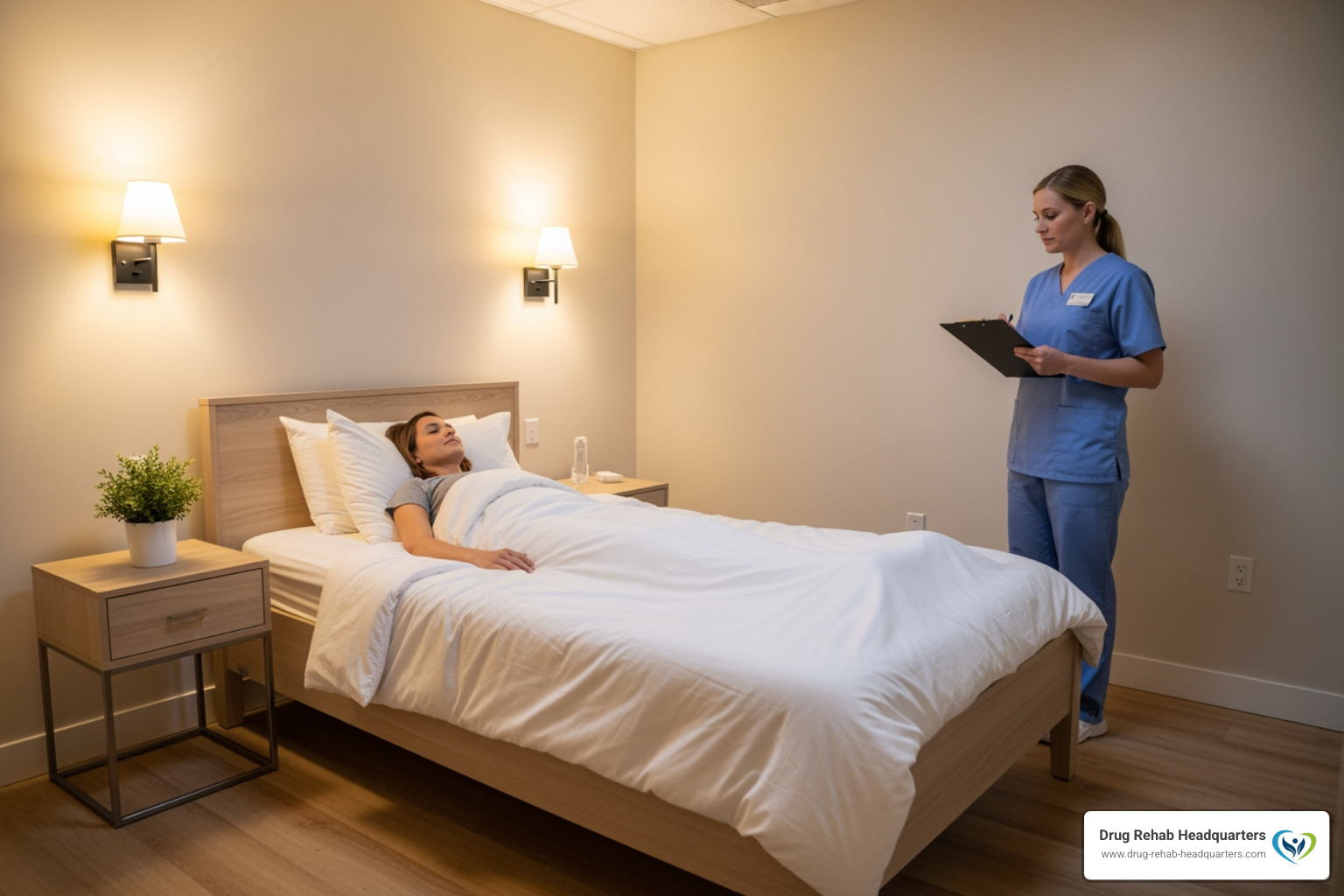 A serene and private detox room with a comfortable bed, soft lighting, and a medical professional discreetly checking on a patient, emphasizing a safe and calming environment for withdrawal - medically supervised detox