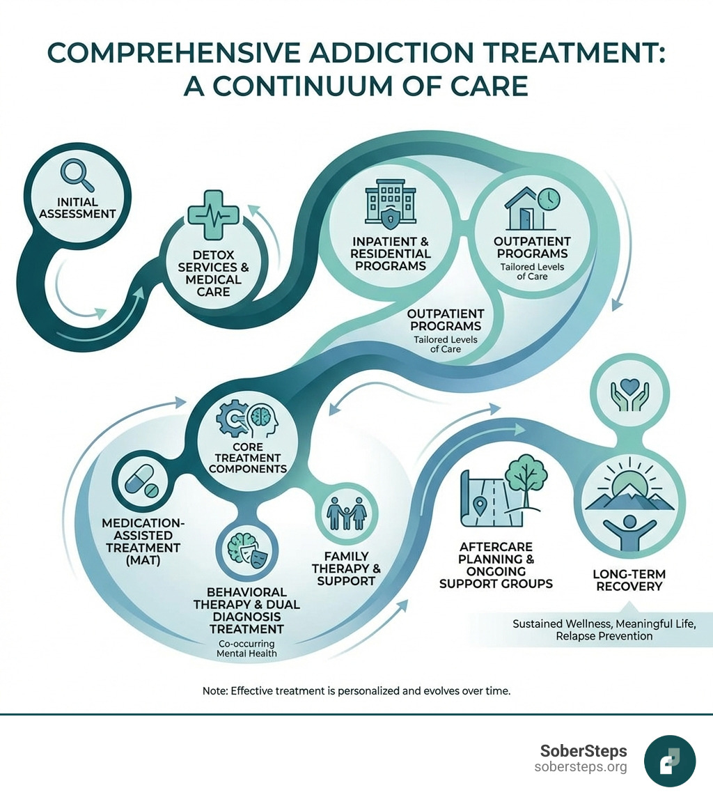 Comprehensive overview of addiction treatment components including medical care, behavioral therapy, medication-assisted treatment, detox services, inpatient and outpatient programs, dual diagnosis treatment for co-occurring mental health disorders, family therapy, aftercare planning, and ongoing support groups, showing the full continuum of care from initial assessment through long-term recovery - addictions treatment infographic 