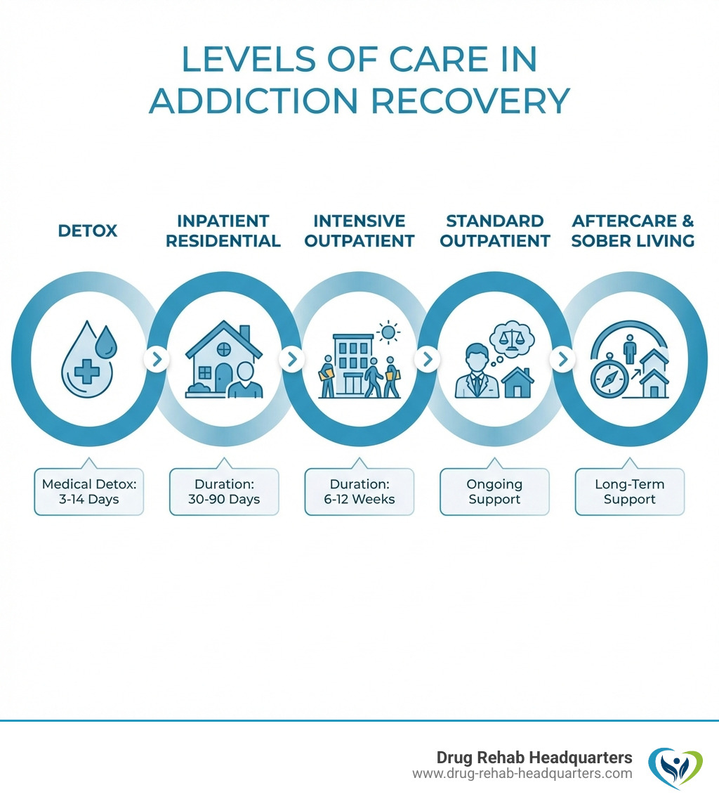 infographic showing levels of care from detox through medical detox 3-14 days to inpatient residential 30-90 days to intensive outpatient 6-12 weeks to standard outpatient ongoing to aftercare and sober living long-term support - best rehab programs infographic 