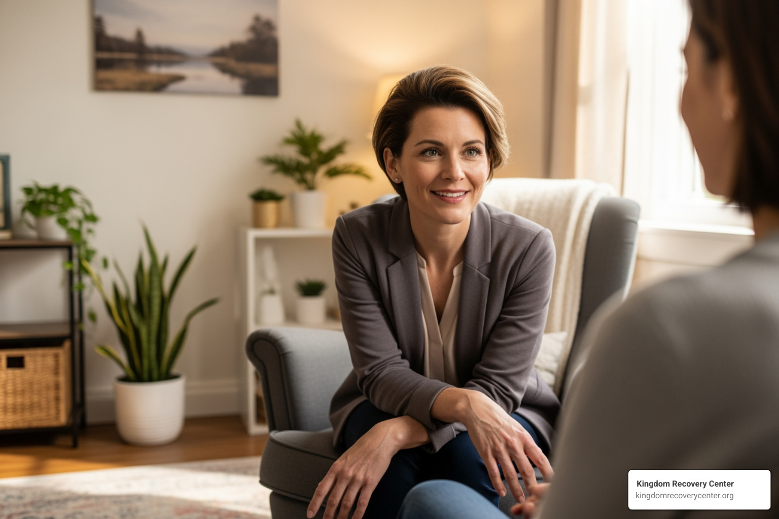 A compassionate therapist listening attentively to a client in a therapy session - Dual diagnosis support