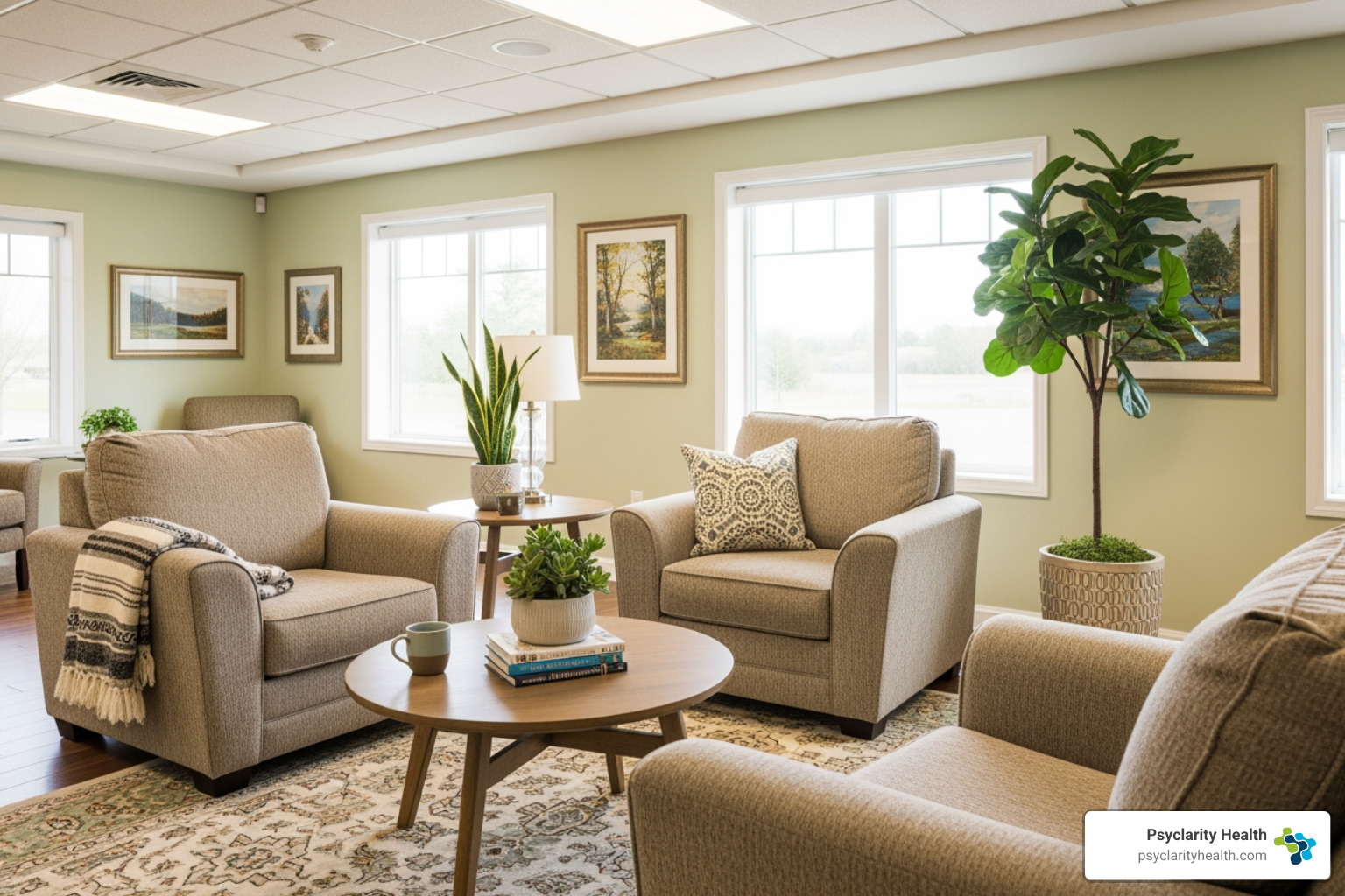 comfortable, non-clinical common area in a facility - inpatient psychiatric hospital