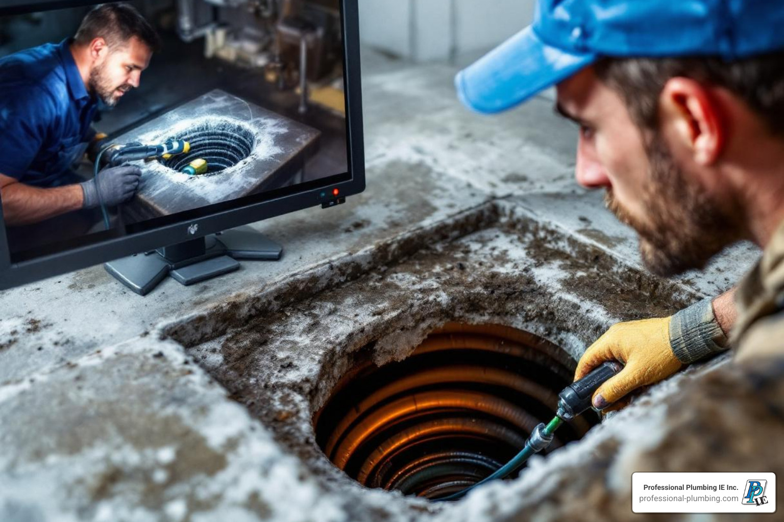 Image of a plumber using a drain inspection camera - certified plumbing services Image of a plumber using a drain inspection camera - certified plumbing services