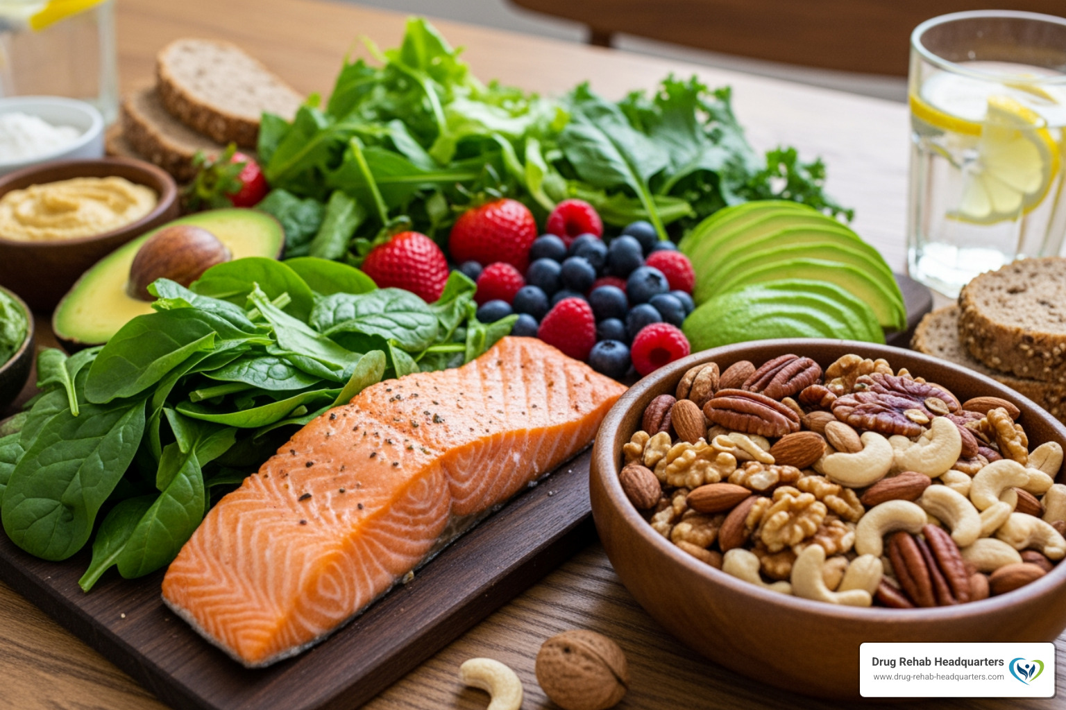 Foods rich in specific nutrients, like salmon for omega-3s and nuts for magnesium - Nutrition addiction recovery