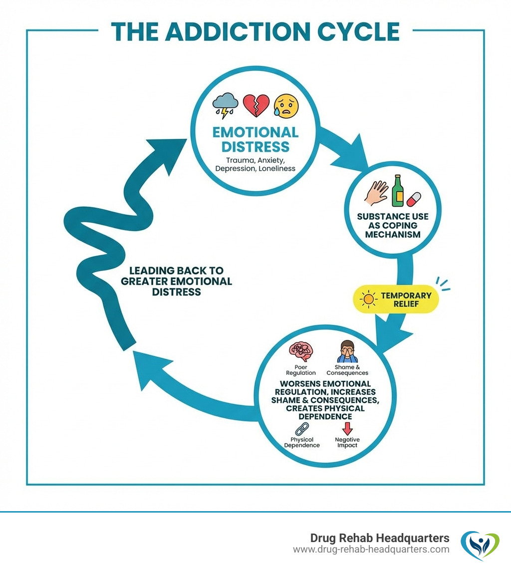 Infographic showing the addiction cycle: Emotional distress (trauma, anxiety, depression, loneliness) leads to substance use as a coping mechanism, which provides temporary relief but worsens emotional regulation, increases shame and consequences, and creates physical dependence, leading back to greater emotional distress - DBT for addiction infographic 