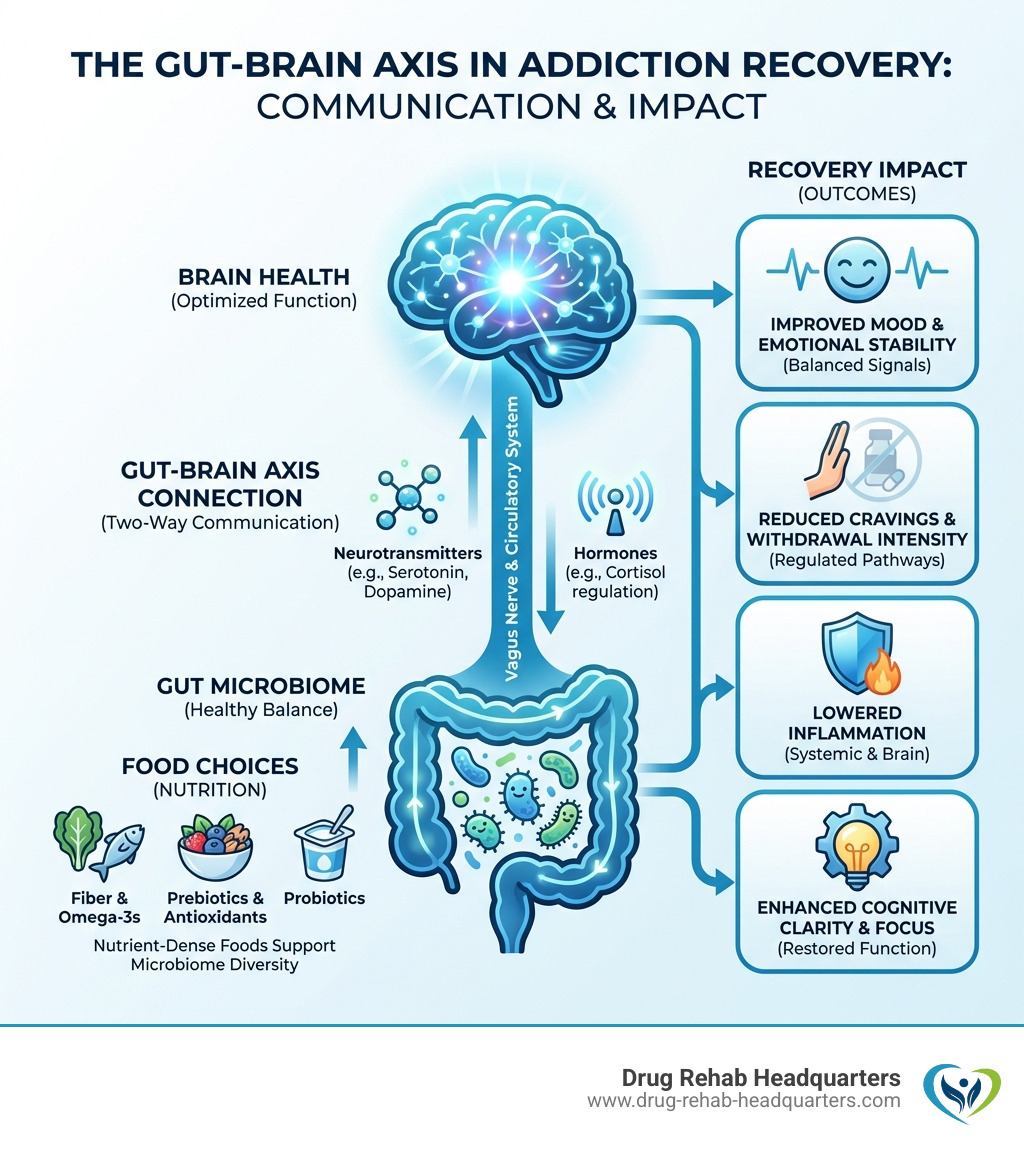 Infographic showing the gut-brain axis connection: how the gut microbiome communicates with the brain through neurotransmitters and hormones, illustrating how food choices impact mood, cravings, inflammation, and overall brain health during addiction recovery - Nutrition addiction recovery infographic 