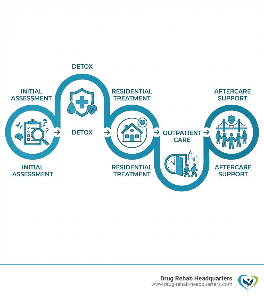 infographic showing the treatment journey from initial assessment through detox, residential treatment, outpatient care, and aftercare support with icons representing each stage - spokane addiction recovery centers infographic 