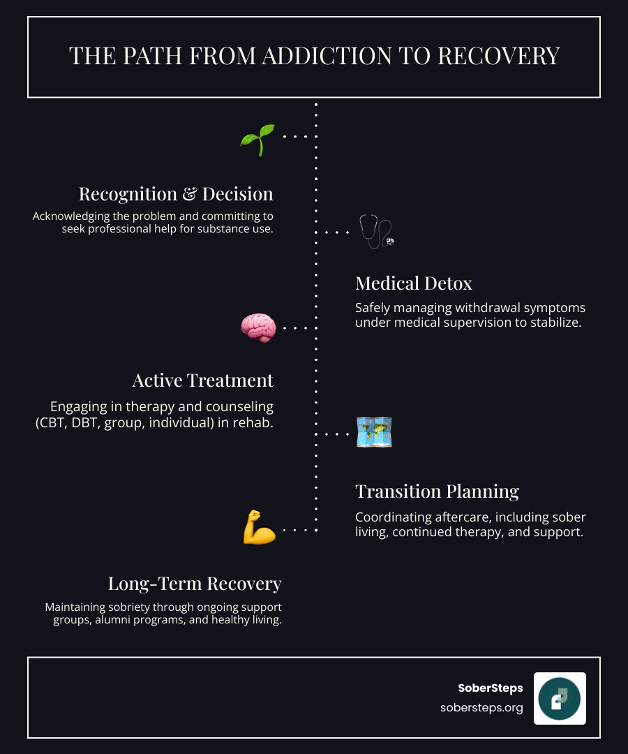 Infographic showing the path from addiction to recovery with five key stages: 1) Recognition of the problem and decision to seek help, 2) Medical detox to safely manage withdrawal, 3) Active treatment through therapy and counseling (inpatient or outpatient), 4) Transition planning with aftercare coordination, 5) Long-term recovery with ongoing support groups and alumni programs. Each stage includes typical duration and key activities. - addiction rehab infographic infographic-line-5-steps-dark