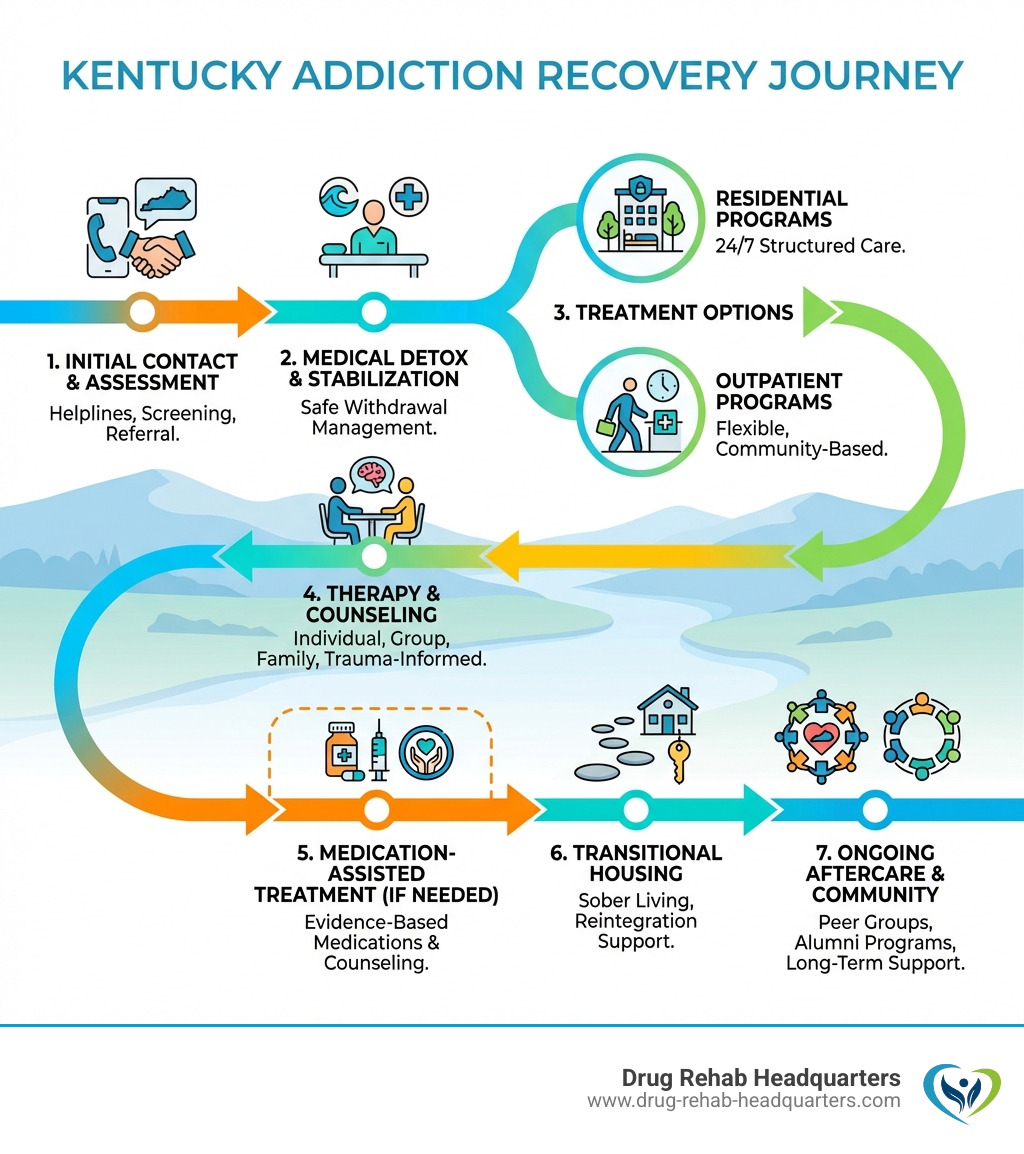 Infographic showing the Kentucky addiction recovery journey from initial contact through detox, residential or outpatient treatment, therapy and counseling, medication-assisted treatment if needed, transitional housing, and ongoing aftercare support with peer groups and alumni programs - addiction recovery centers in kentucky infographic 