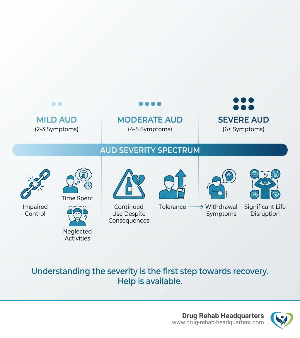 infographic showing the spectrum of Alcohol Use Disorder severity from mild (2-3 symptoms) to moderate (4-5 symptoms) to severe (6+ symptoms), including common signs like impaired control over drinking, continued use despite consequences, tolerance, and withdrawal symptoms - rehab centers for alcohol abuse infographic 