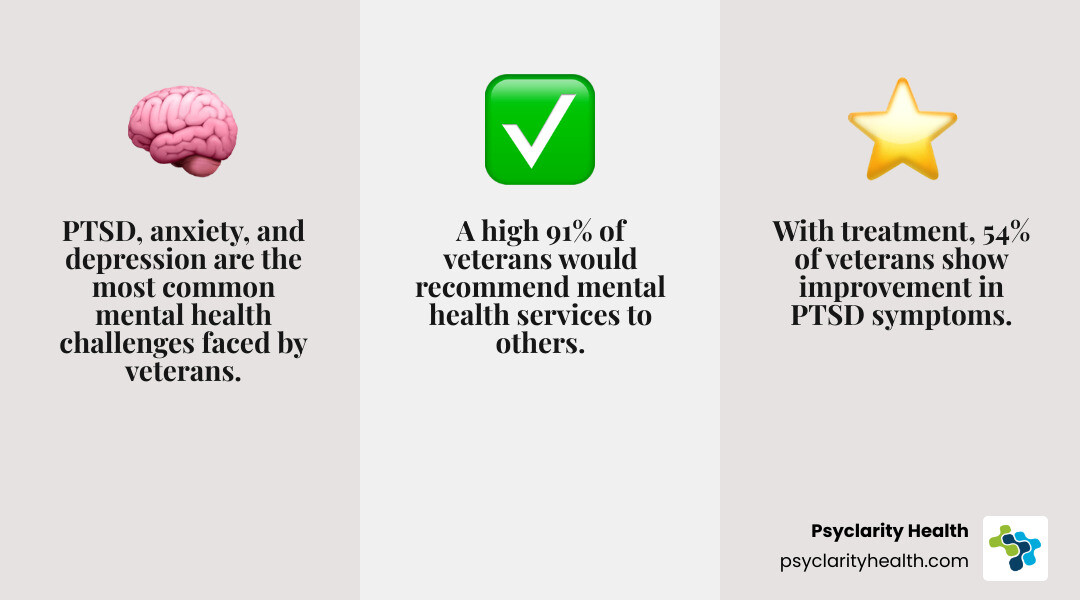 infographic showing veteran mental health statistics: PTSD, anxiety, and depression are most common; 54% show improvement in PTSD symptoms with treatment; 38% no longer meet criteria for depression after therapy; over 1.7 million veterans received VA mental health services last year; 91% would recommend services to others - Veteran Mental Health Programs infographic 3_facts_emoji_grey infographic showing veteran mental health statistics: PTSD, anxiety, and depression are most common; 54% show improvement in PTSD symptoms with treatment; 38% no longer meet criteria for depression after therapy; over 1.7 million veterans received VA mental health services last year; 91% would recommend services to others - Veteran Mental Health Programs infographic 3_facts_emoji_grey
