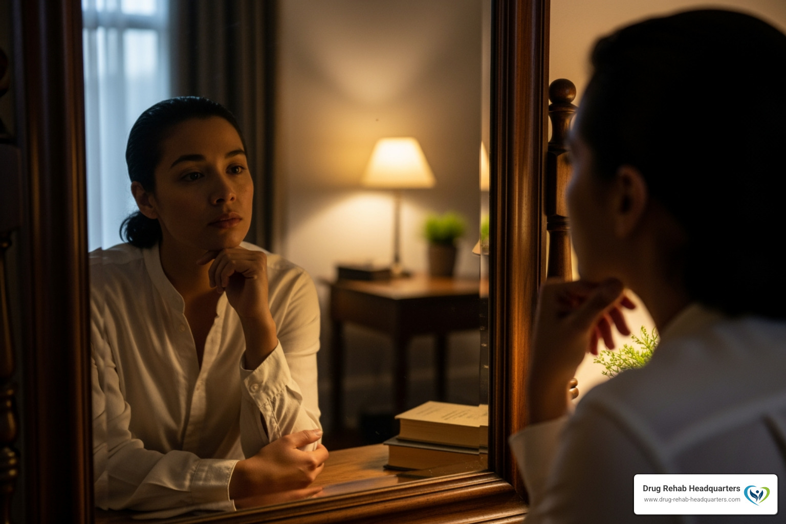 A person looking thoughtfully at their reflection - help for alcoholics