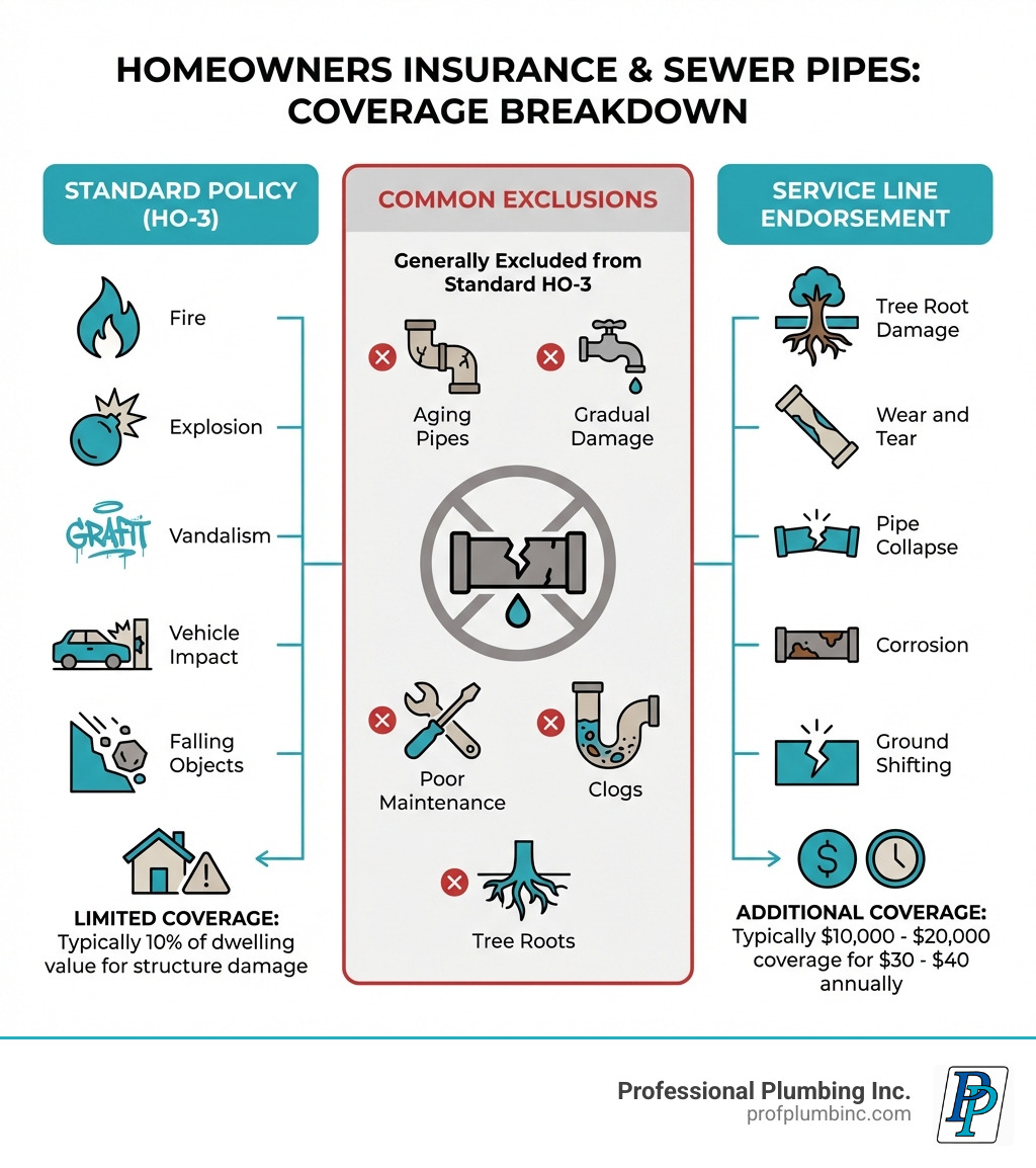 Infographic showing the breakdown of standard homeowners insurance coverage versus service line endorsement coverage for sewer pipes. The left side shows "Standard Policy (HO-3)" with covered perils listed as Fire, Explosion, Vandalism, Vehicle Impact, and Falling Objects, with a note that coverage is limited to 10% of dwelling value. The right side shows "Service Line Endorsement" covering Tree Root Damage, Wear and Tear, Pipe Collapse, Corrosion, and Ground Shifting, typically providing $10,000-$20,000 coverage for $30-$40 annually. A middle section highlights common exclusions: aging pipes, gradual damage, poor maintenance, clogs, and tree roots. - does homeowners insurance cover broken sewer pipes infographic Infographic showing the breakdown of standard homeowners insurance coverage versus service line endorsement coverage for sewer pipes. The left side shows "Standard Policy (HO-3)" with covered perils listed as Fire, Explosion, Vandalism, Vehicle Impact, and Falling Objects, with a note that coverage is limited to 10% of dwelling value. The right side shows "Service Line Endorsement" covering Tree Root Damage, Wear and Tear, Pipe Collapse, Corrosion, and Ground Shifting, typically providing $10,000-$20,000 coverage for $30-$40 annually. A middle section highlights common exclusions: aging pipes, gradual damage, poor maintenance, clogs, and tree roots. - does homeowners insurance cover broken sewer pipes infographic