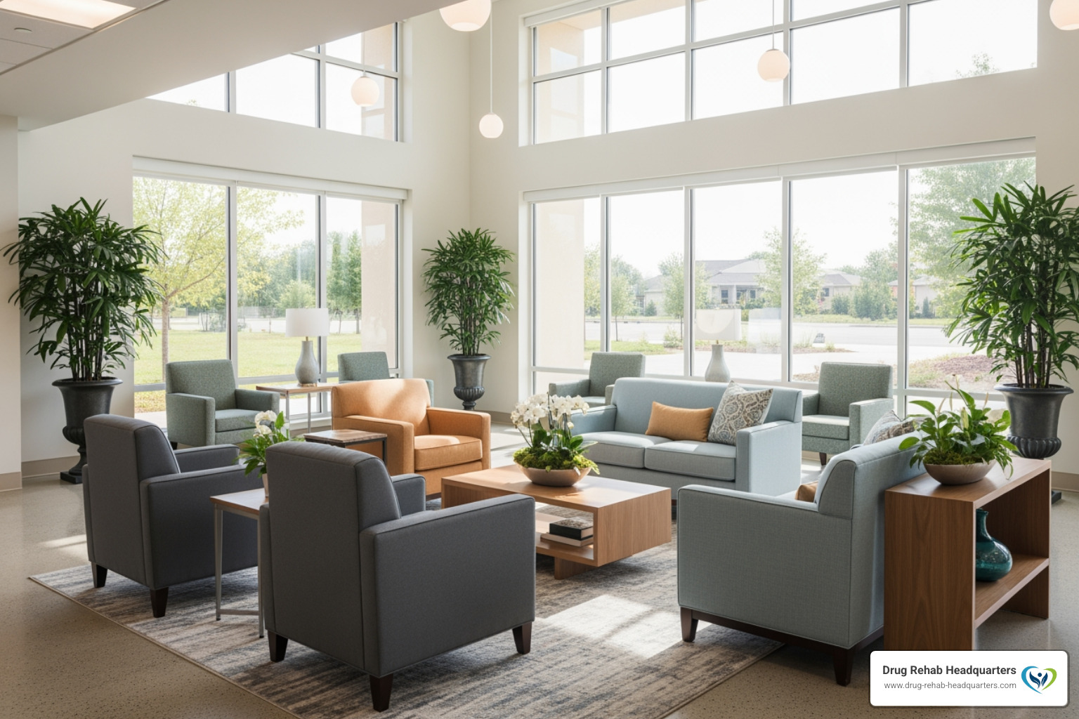 serene and modern rehab facility common area - top rated alcohol rehab centers