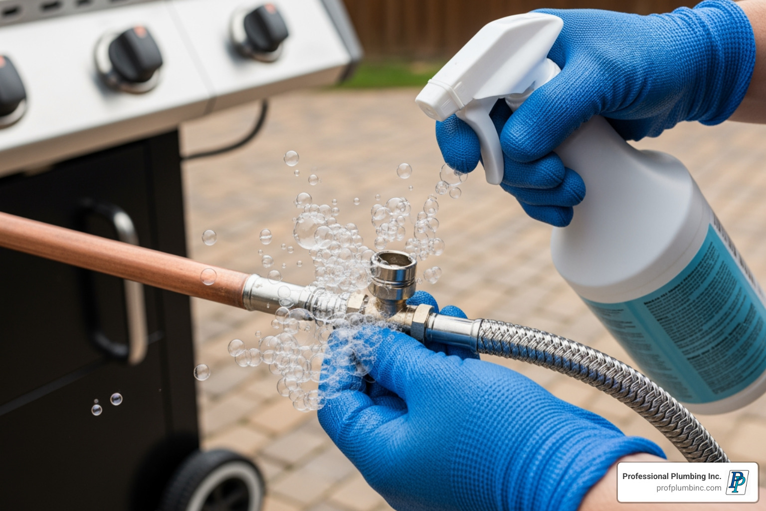 A close-up shot of a plumber's hands wearing work gloves, carefully applying a soap solution to a newly installed natural gas hose connection. Bubbles are visible, indicating a leak test is in progress. The background shows a portion of an outdoor patio. - 1 2 natural gas line A close-up shot of a plumber's hands wearing work gloves, carefully applying a soap solution to a newly installed natural gas hose connection. Bubbles are visible, indicating a leak test is in progress. The background shows a portion of an outdoor patio. - 1 2 natural gas line