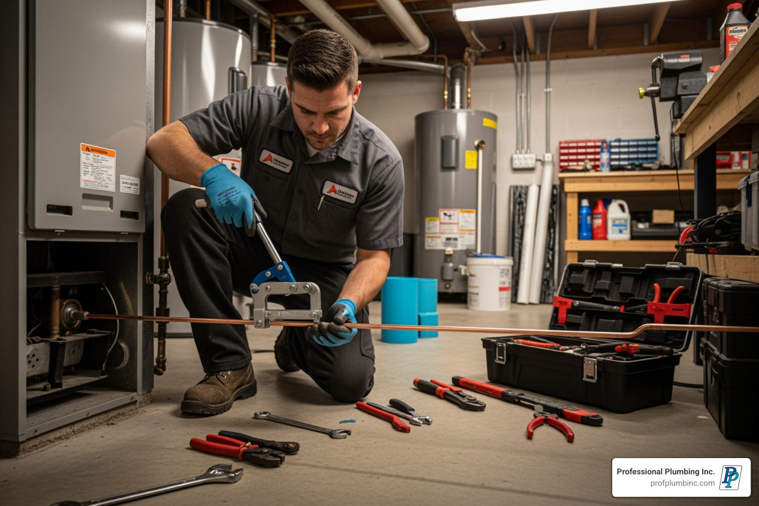 Plumber using a tubing bender on a copper gas line - 1 4 natural gas line Plumber using a tubing bender on a copper gas line - 1 4 natural gas line