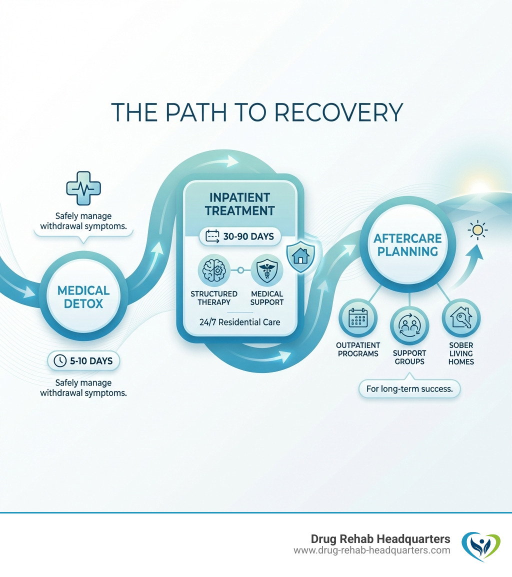 The Path to Recovery: Starting with medical detox (5-10 days) to safely manage withdrawal symptoms, moving into inpatient treatment (30-90 days) with structured therapy and medical support, and concluding with aftercare planning including outpatient programs, support groups, and sober living homes for long-term success - inpatient rehab centers infographic 