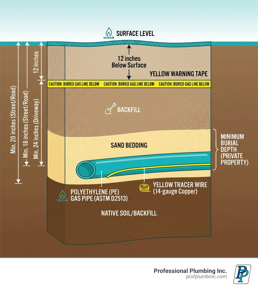 detailed cross-section infographic showing layers of a properly installed direct burial gas line including polyethylene pipe, sand bedding, backfill material, yellow tracer wire running alongside, and yellow warning tape 12 inches below surface with depth measurements and labels - direct burial gas line infographic detailed cross-section infographic showing layers of a properly installed direct burial gas line including polyethylene pipe, sand bedding, backfill material, yellow tracer wire running alongside, and yellow warning tape 12 inches below surface with depth measurements and labels - direct burial gas line infographic