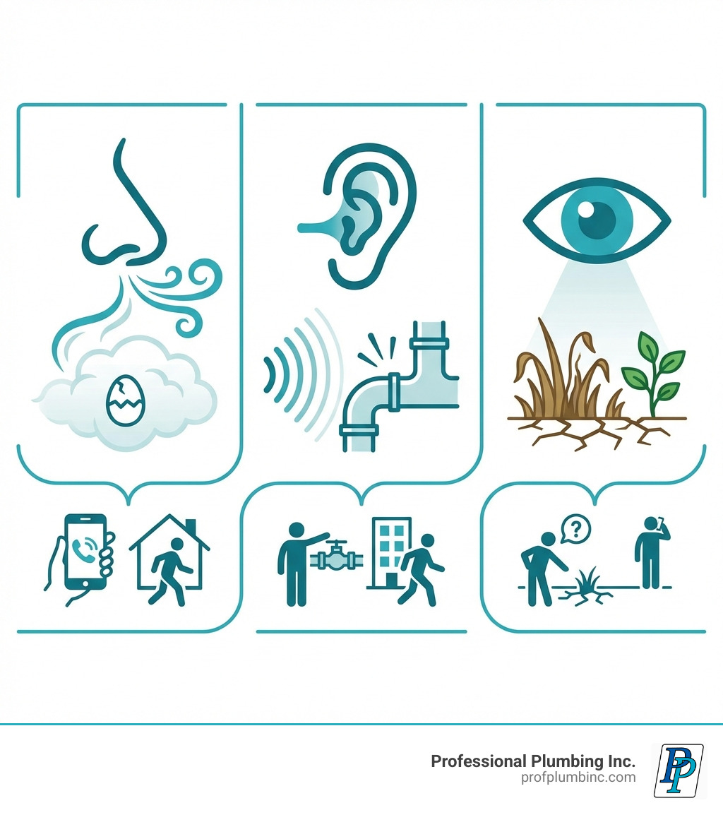 Infographic showing three warning signs of gas leaks: a nose icon with rotten egg smell, an ear icon with hissing sound waves, and an eye icon with dead grass patch, each labeled with detection methods and immediate actions to take - 1 4 natural gas line infographic Infographic showing three warning signs of gas leaks: a nose icon with rotten egg smell, an ear icon with hissing sound waves, and an eye icon with dead grass patch, each labeled with detection methods and immediate actions to take - 1 4 natural gas line infographic